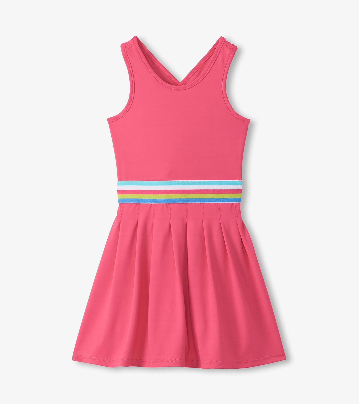 Girls bright pink sleeveless pleated dress with a multicolor striped waistband, front view