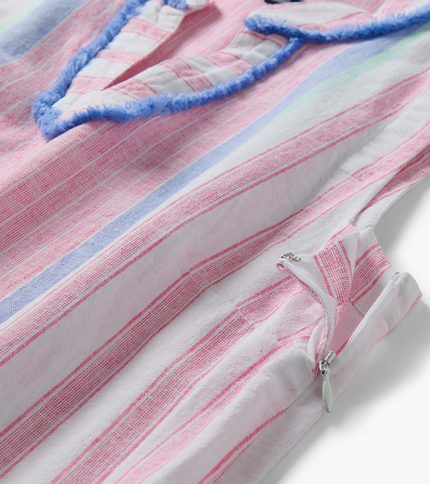 Close-up of Marin dress in pink and pale blue gradient stripes with blue-trimmed neckline and side zipper