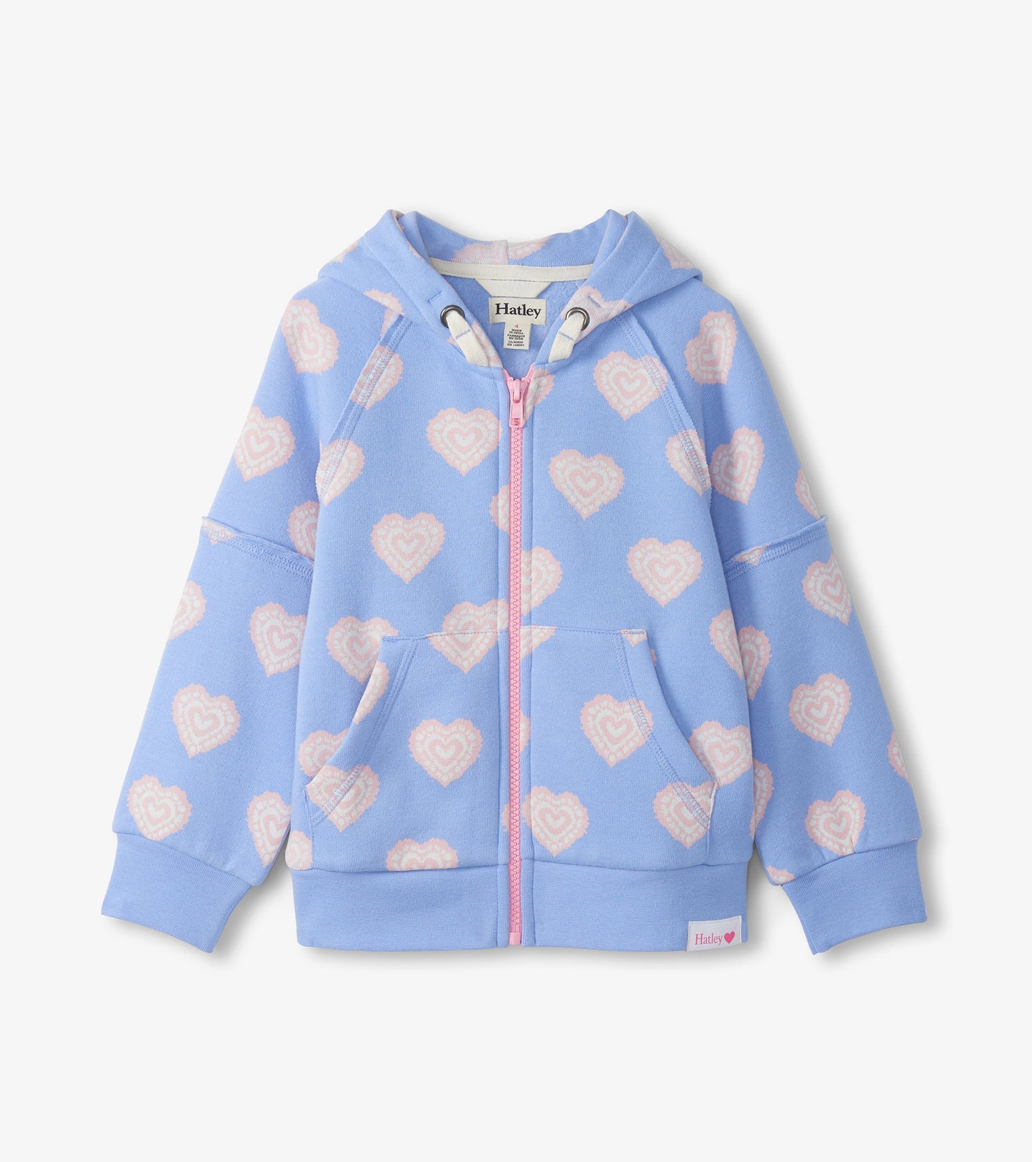 Light blue full-zip hoodie with pink heart print, pink zipper, hood, and front pockets
