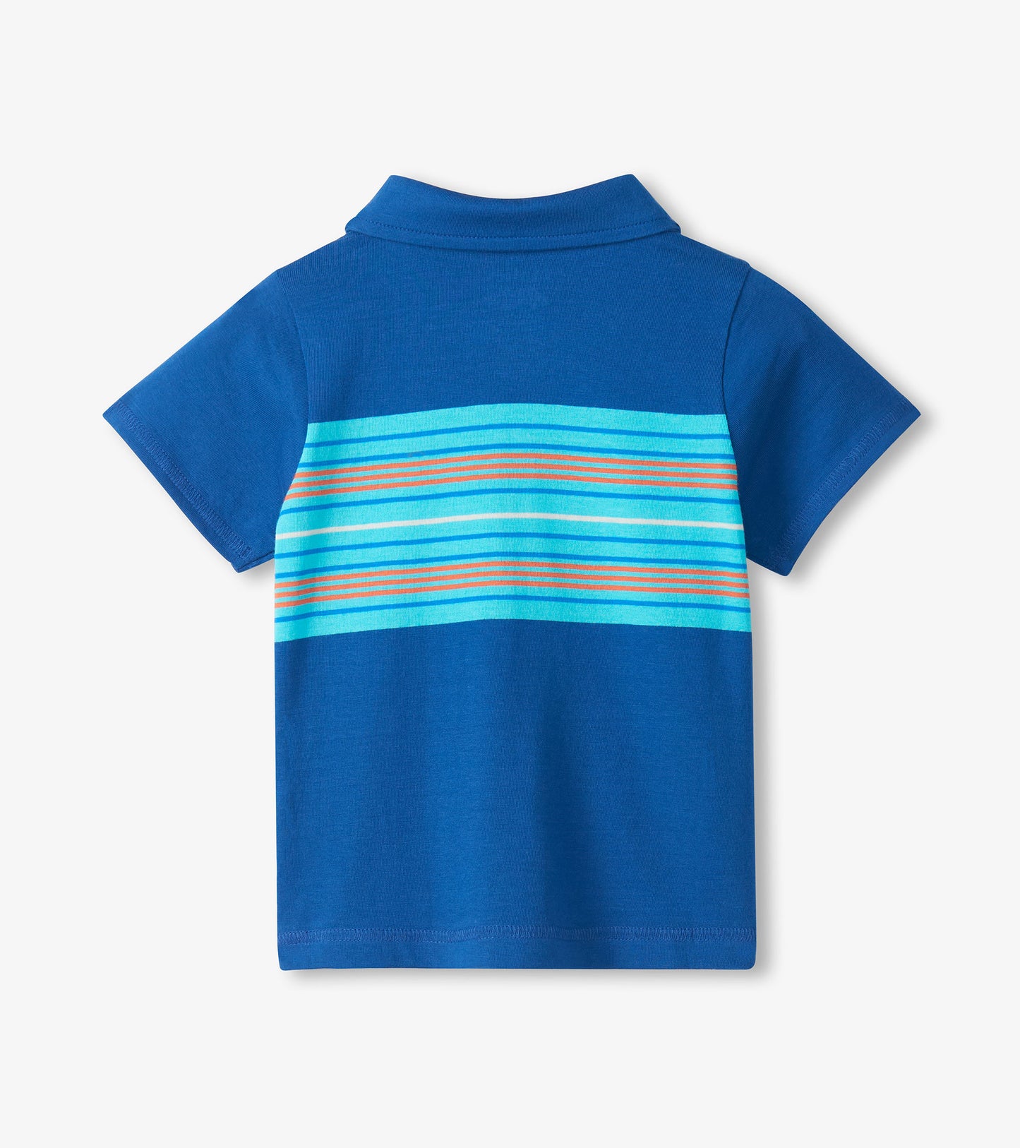 Blue short-sleeve boys polo shirt with turquoise and orange horizontal stripes, back view