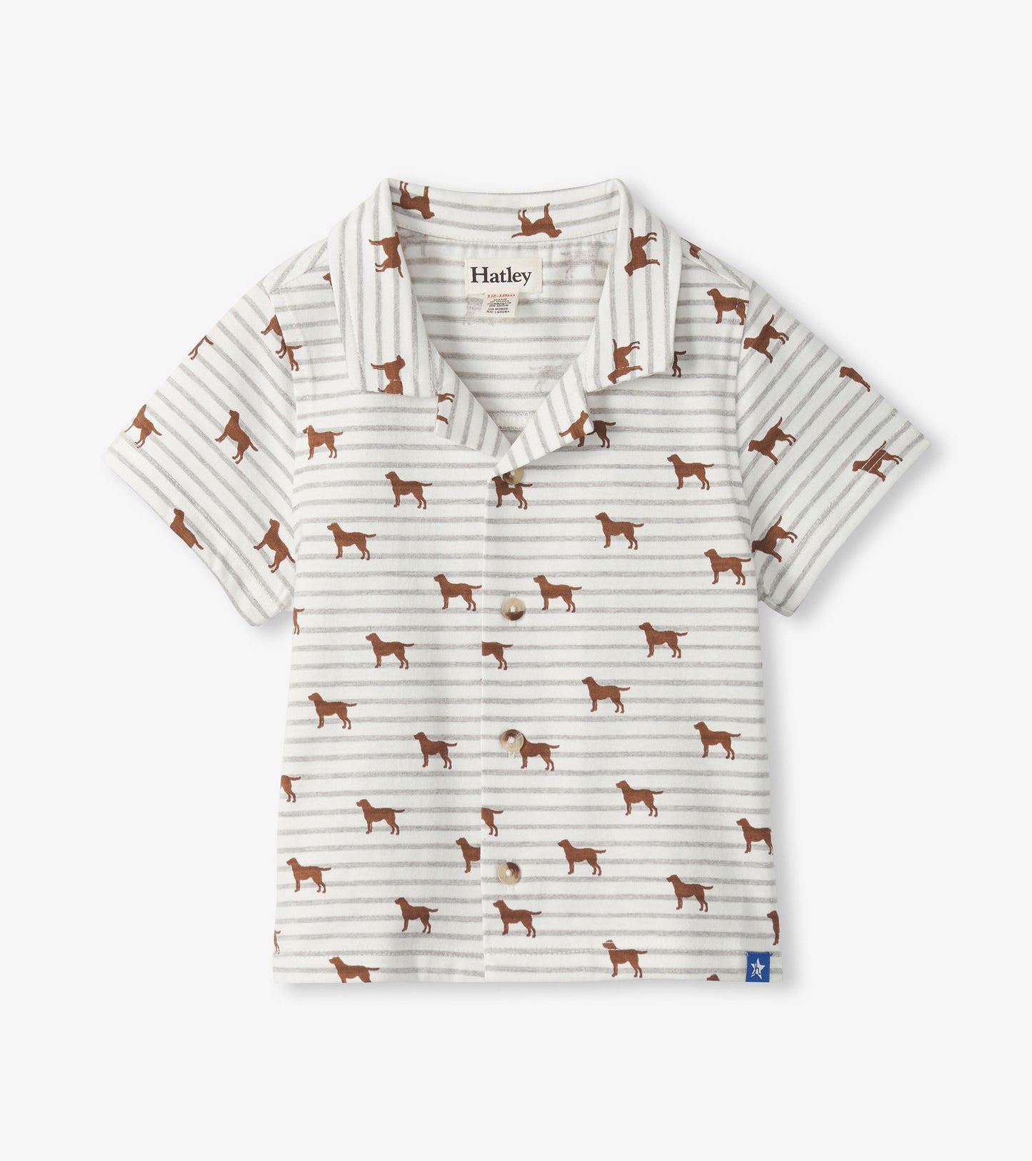 White and grey striped short-sleeve button-down shirt with brown dog print and camp collar
