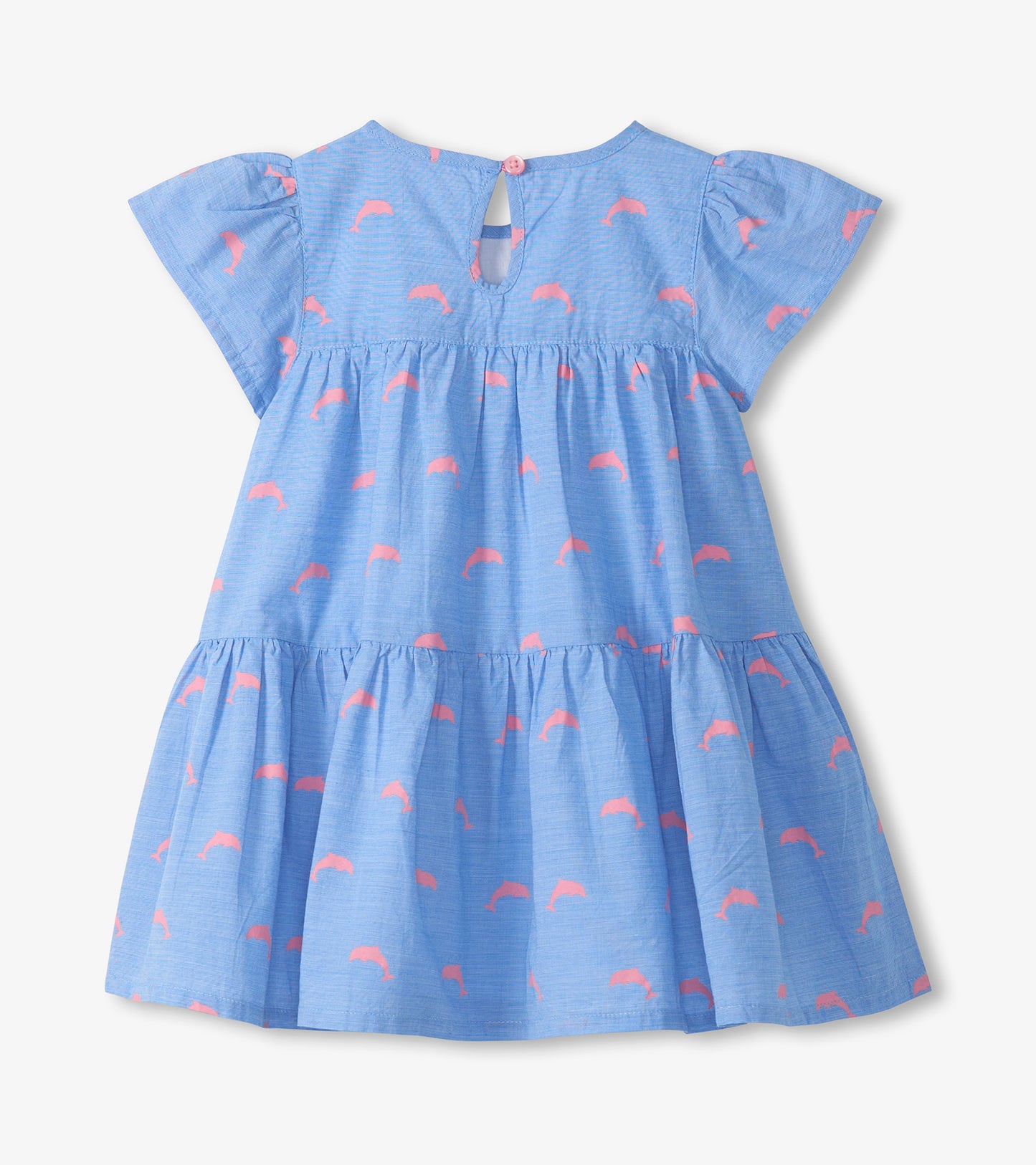 Robe bouffante étagée tissée en coton Oxford – Petits dauphins roses