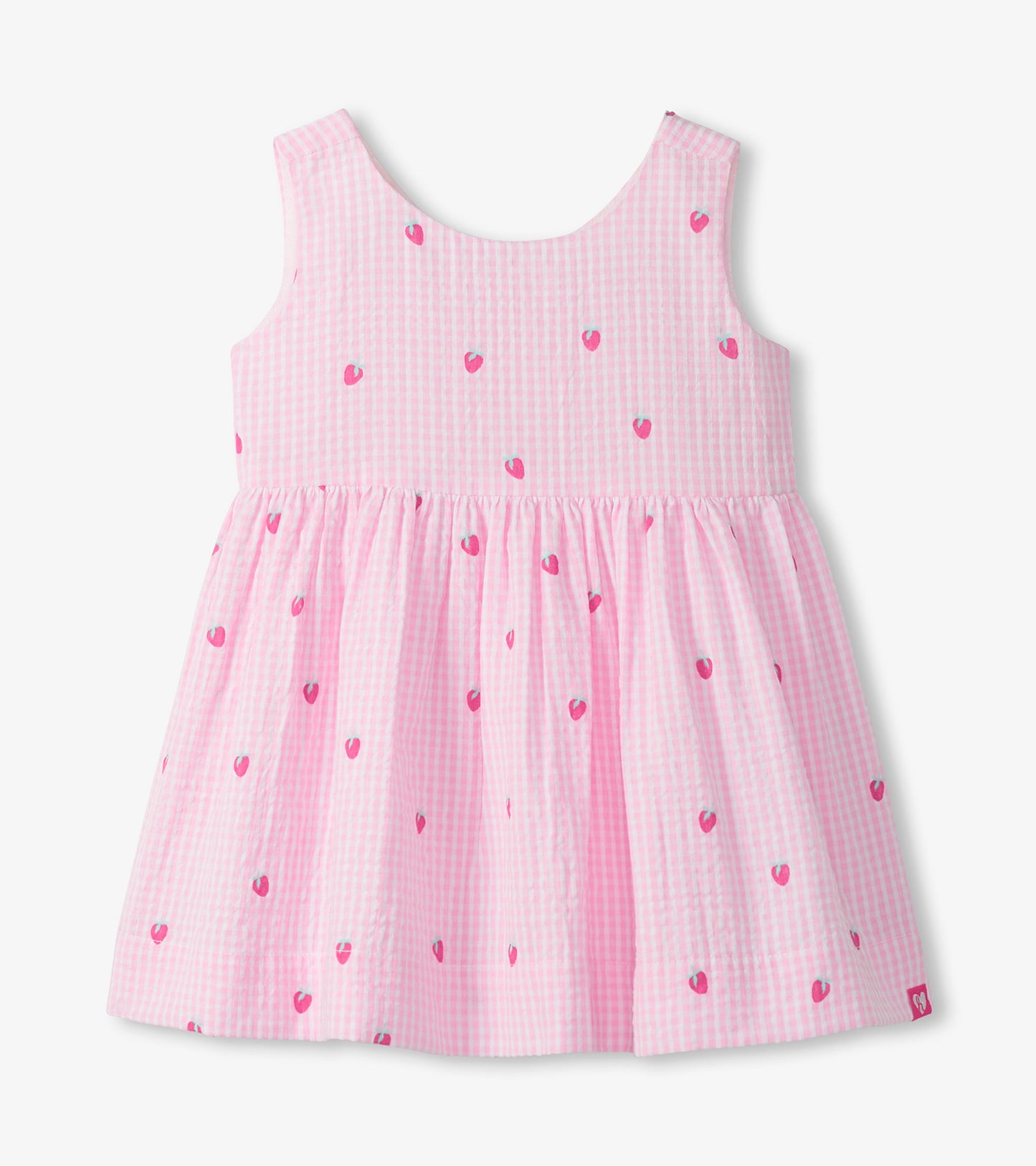 Sleeveless pink gingham toddler dress with small strawberry motifs and a gathered skirt, front view
