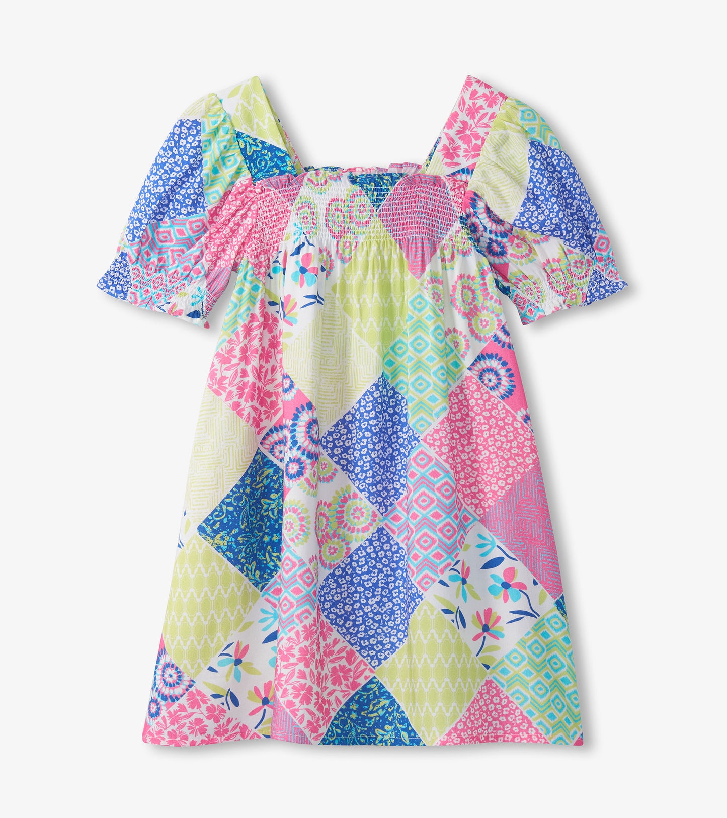 Girls patchwork smocked dress with square neckline, short puff sleeves, and pink, blue, and green print