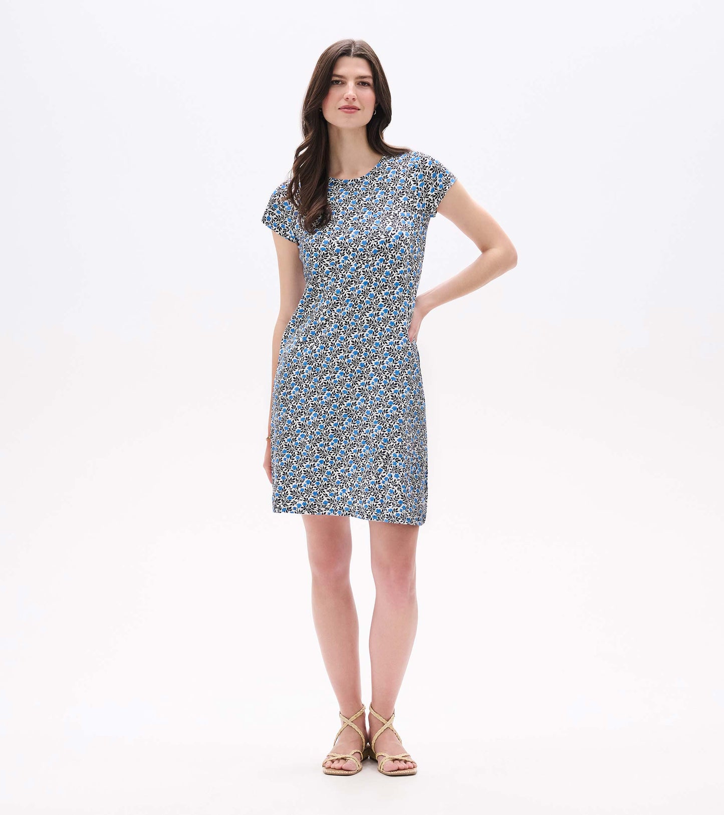 Full front view of Cici A-line mini dress with short sleeves and black vine print with bright blue flowers