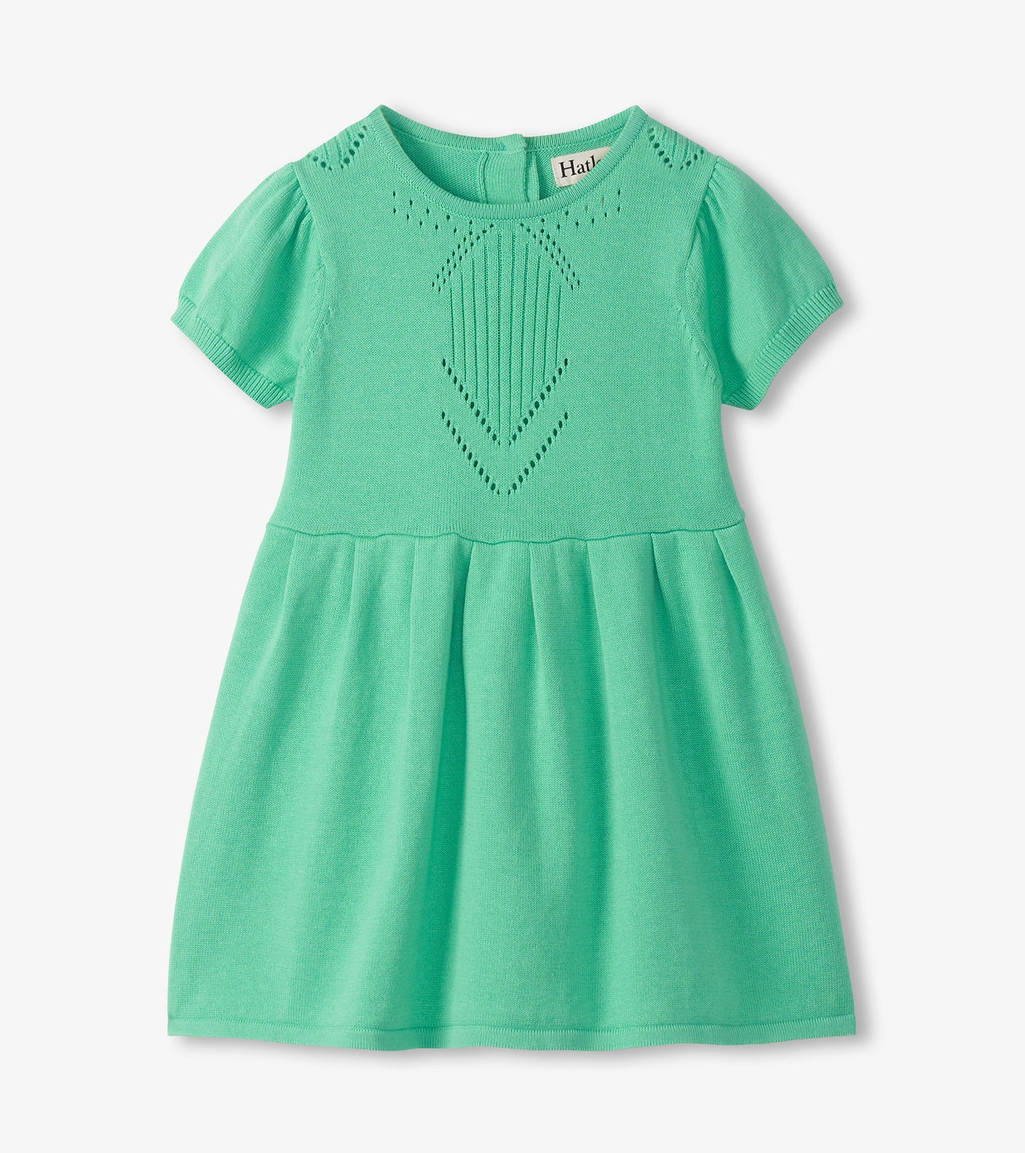 Mint green knit dress with puff sleeves, pointelle bodice, and gently pleated skirt on white background