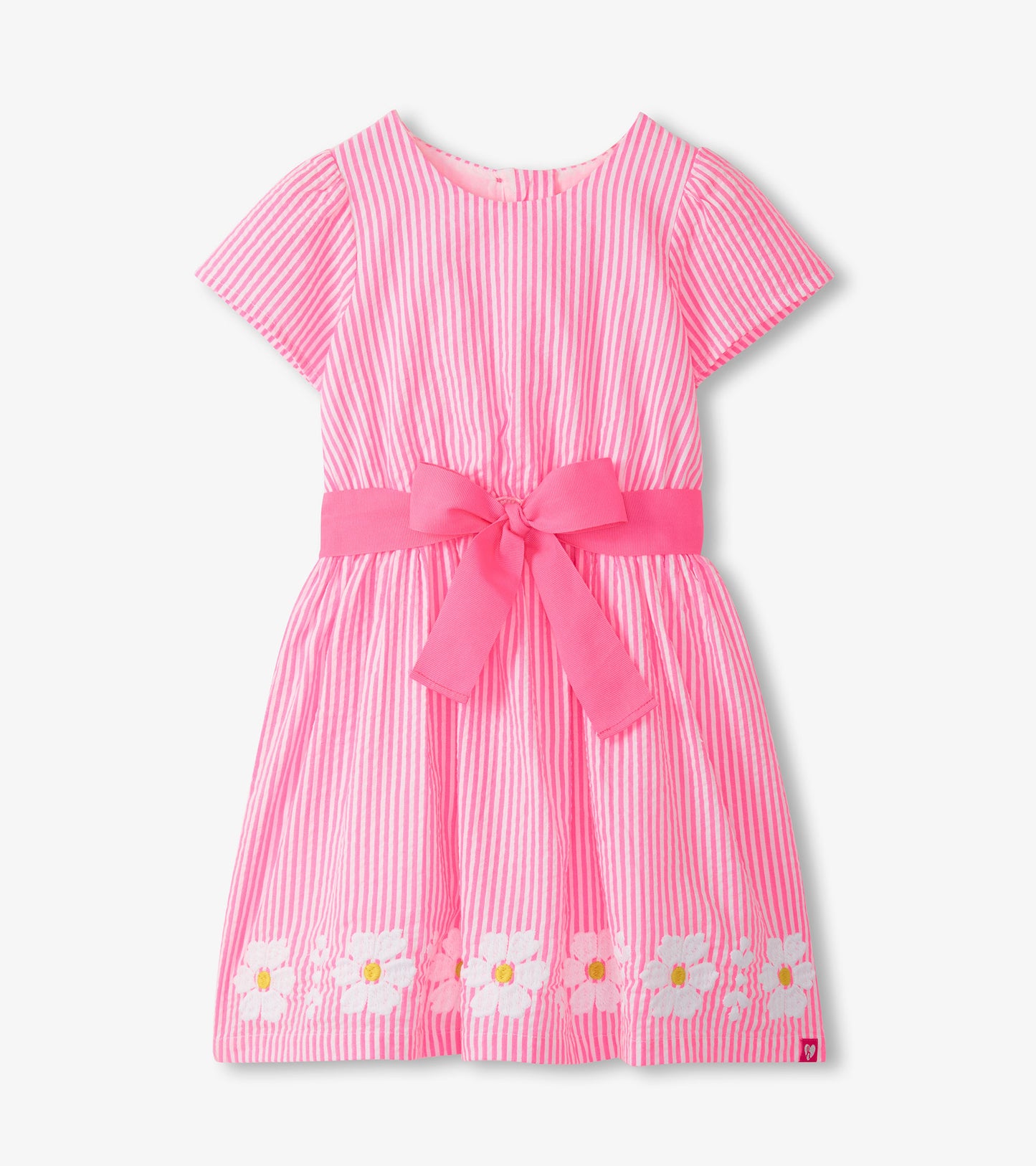 Pink and white striped girls dress with short sleeves, pink waist bow, and white daisy trim at hem