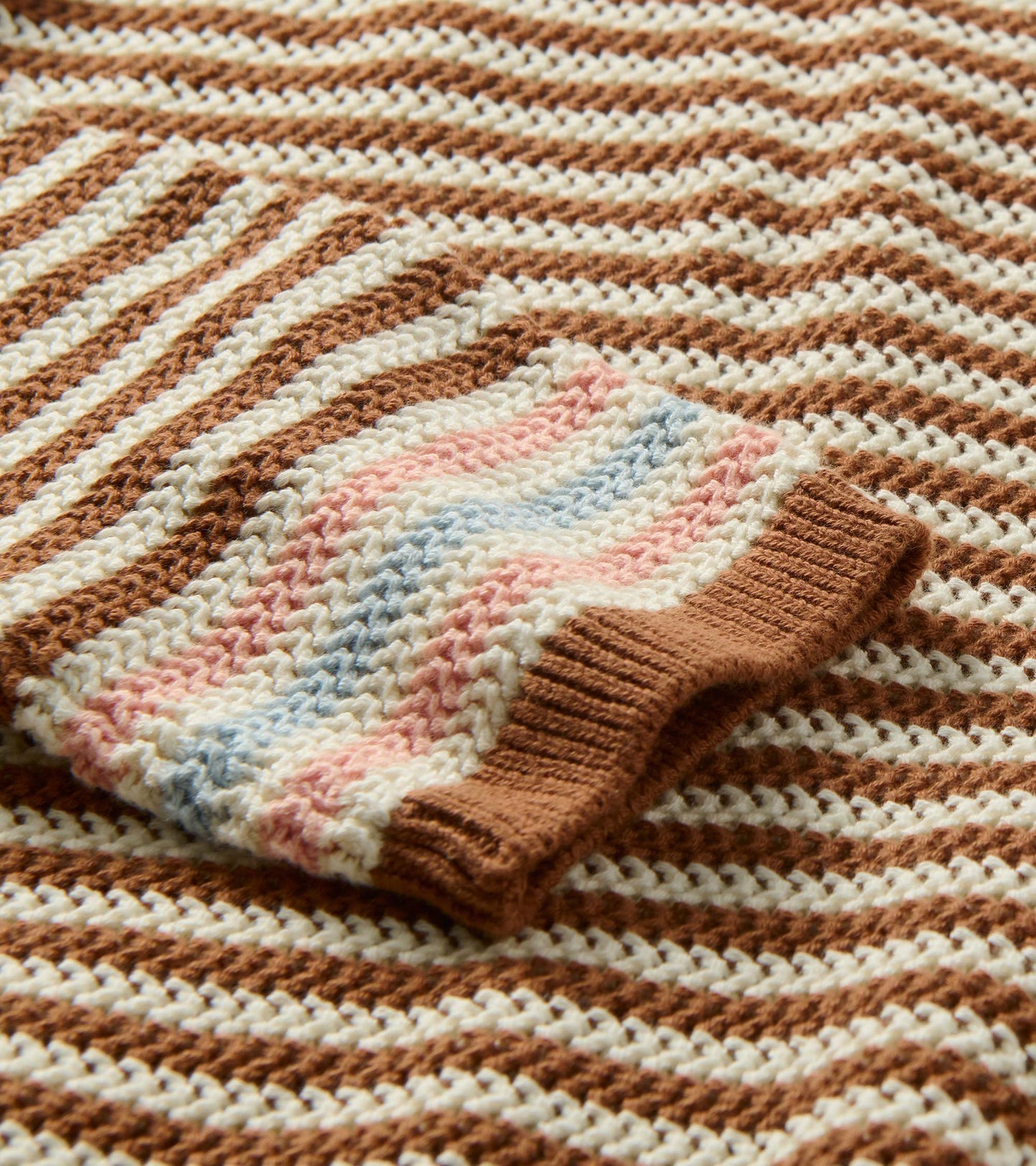 Close-up of striped pointelle knit with brown ribbed trim and pink and blue striped cuff detail