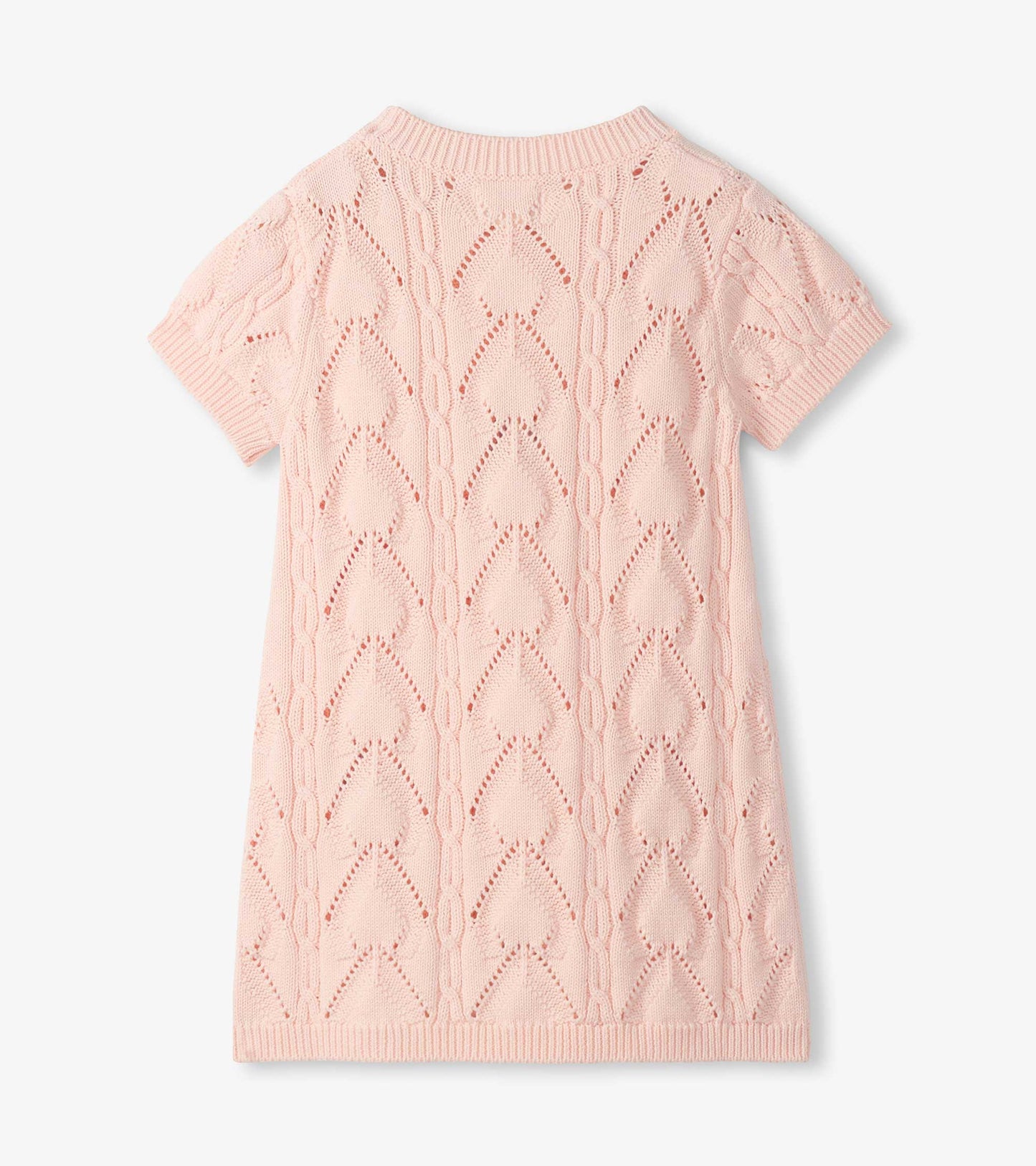 Light pink short-sleeve knit dress with openwork diamond pattern and ribbed trim, front view