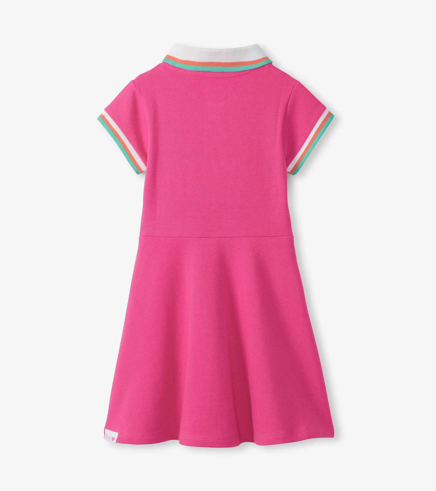 Pink girls polo dress with white collar, striped trim, and short sleeves, back view