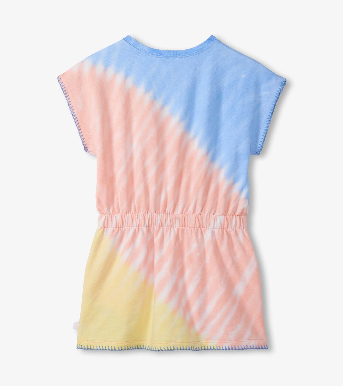 Girls short-sleeve tie-dye dress with blue, pink, and yellow ombre stripes, back view