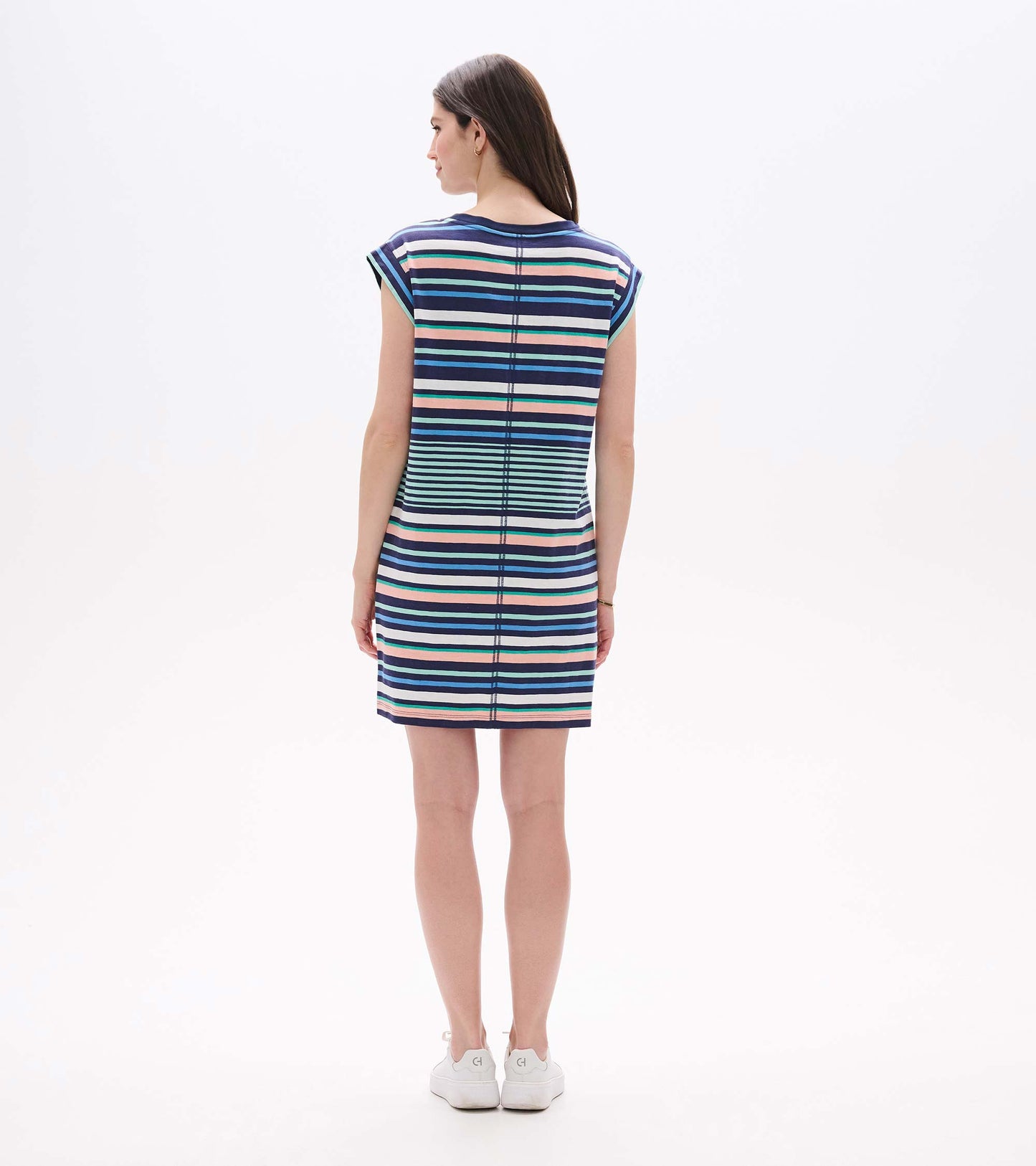 Back view of a navy striped short-sleeve T-shirt dress with multicolor horizontal stripes and crew neck