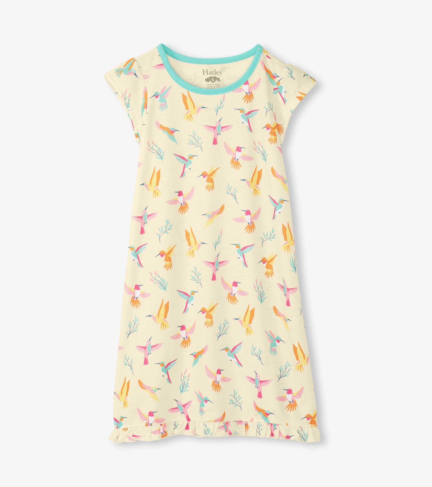 Cream girls nightdress with pastel hummingbird print, aqua neckline, cap sleeves and ruffle hem