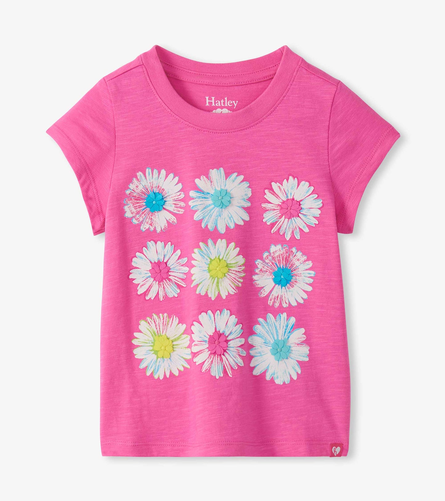 Bright pink girls tee with nine white daisy graphics and colorful raised flower centers