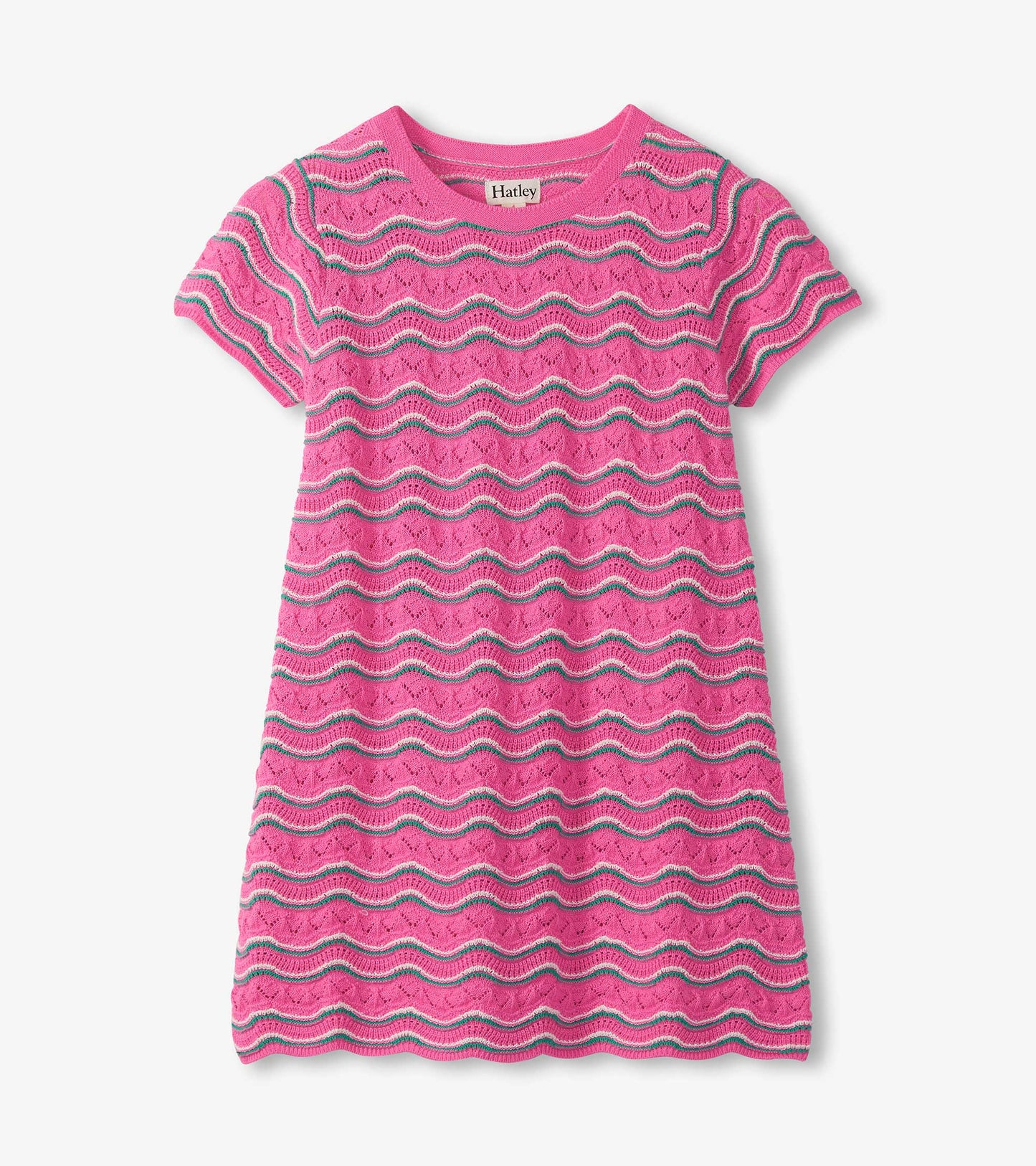 Pink short-sleeve knit dress with teal and white wavy stripes and pointelle pattern, front view