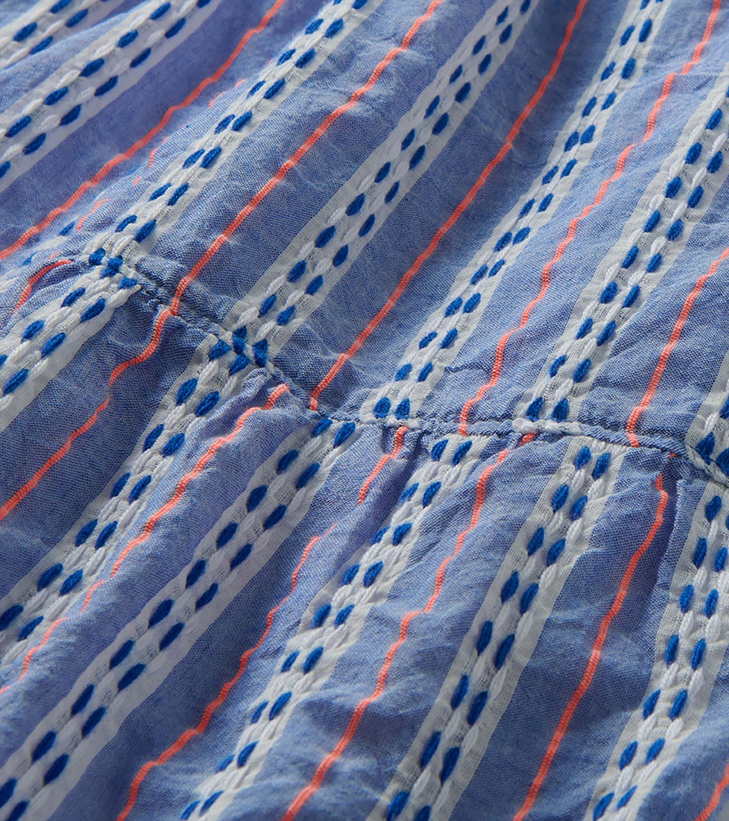 Close-up of Emerson Dress fabric with light blue, white and blue stripes and thin coral lines