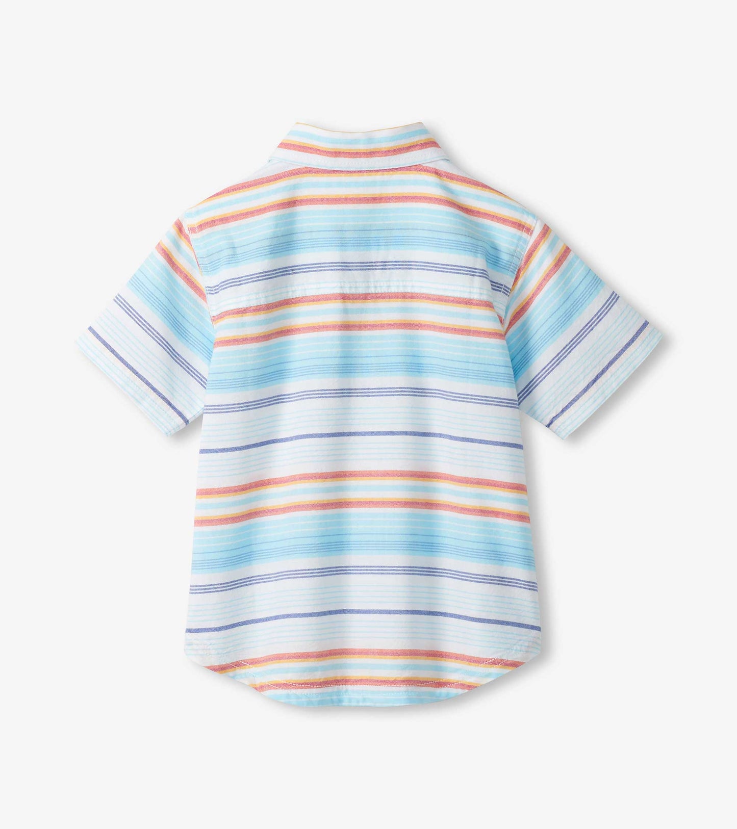 Back view of a short-sleeve button-down shirt with pastel horizontal stripes in blue, pink, yellow, and white