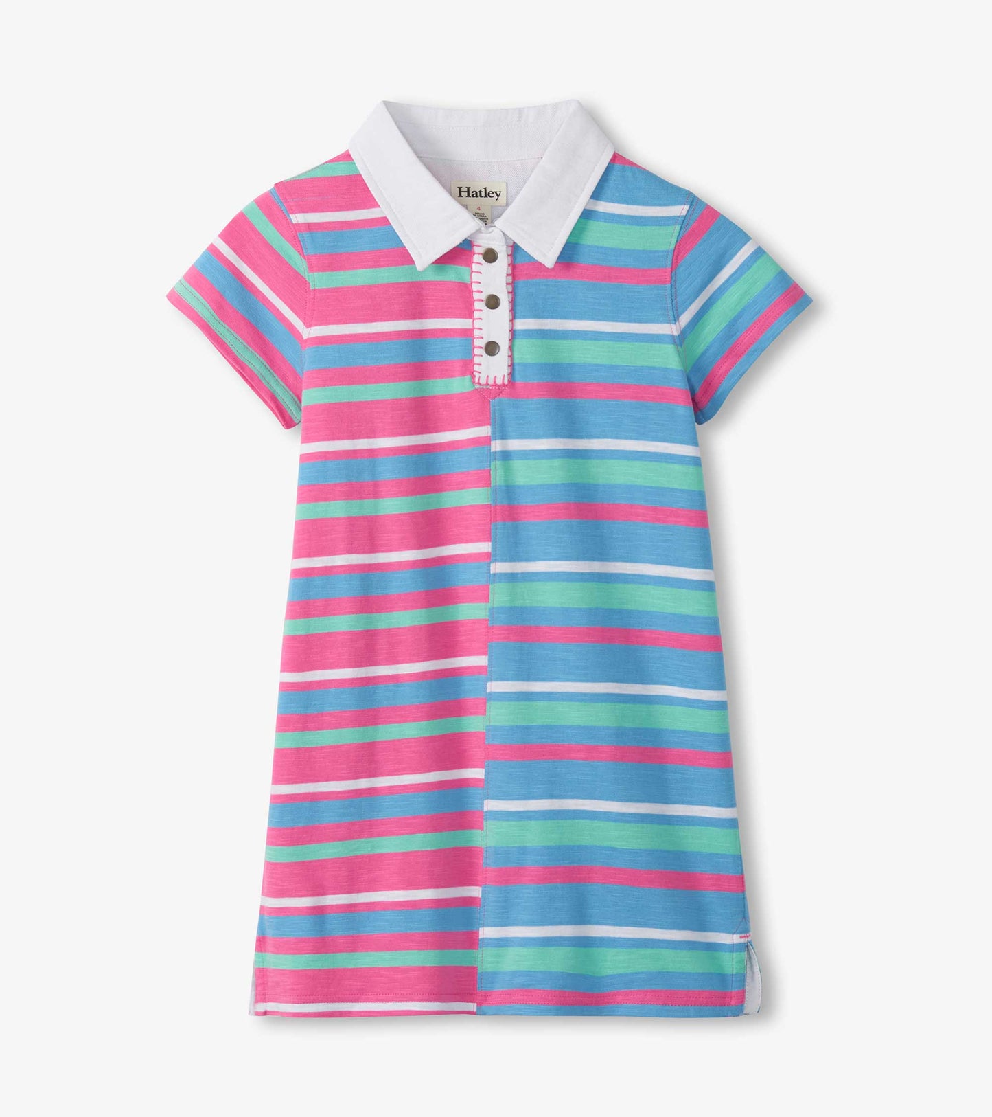 Girls striped polo dress with split pink and blue panels, white collar, short sleeves, and snap placket