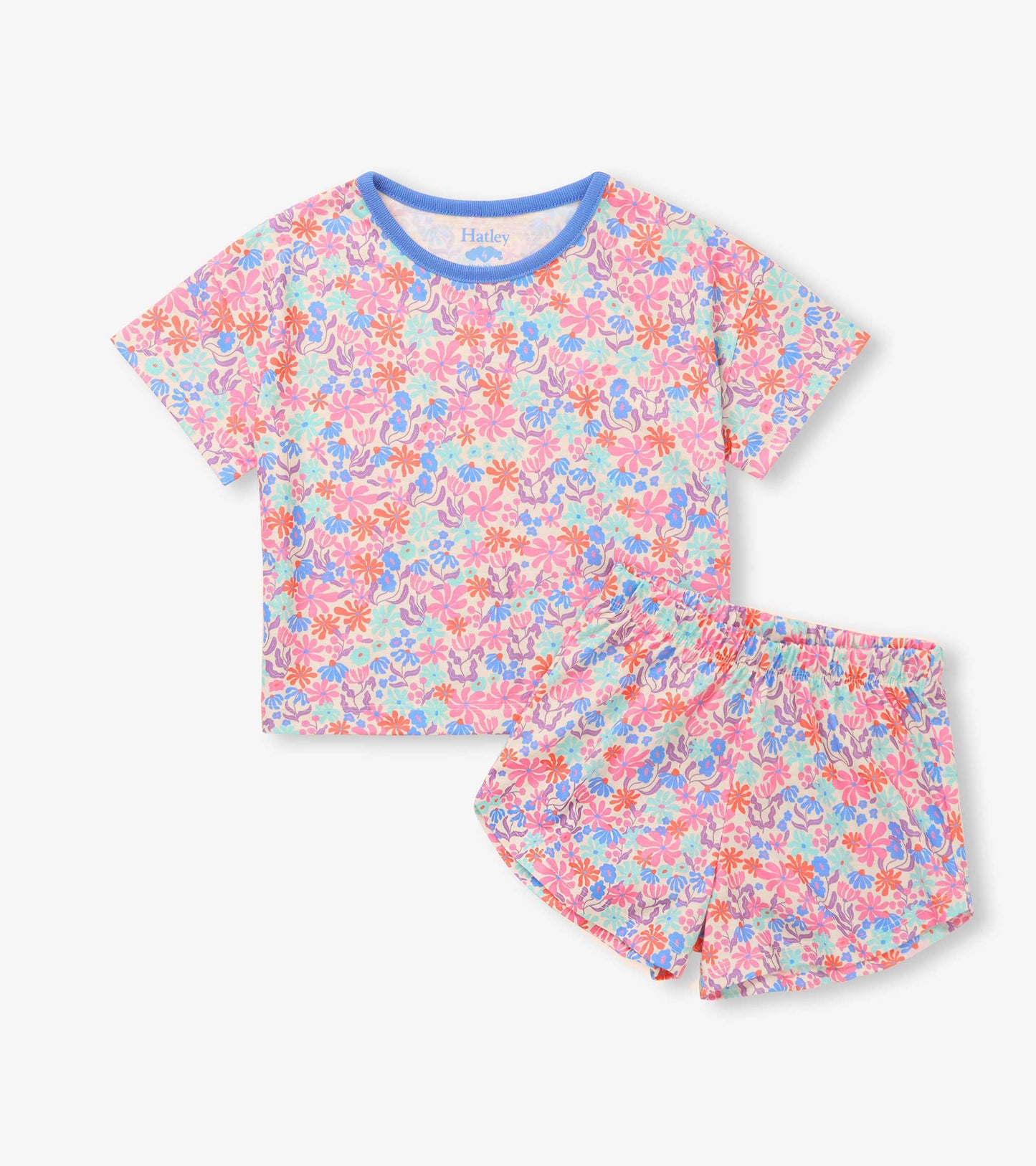Girls floral short sleep set with pink, blue and purple flowers, blue trim neckline and matching shorts