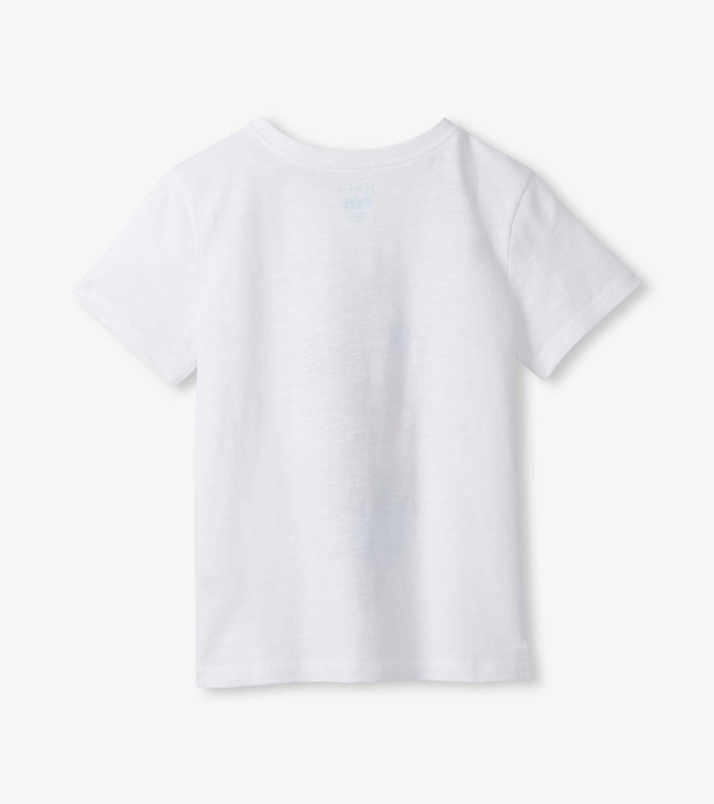 White short-sleeve crewneck T-shirt with a small chest graphic, front view