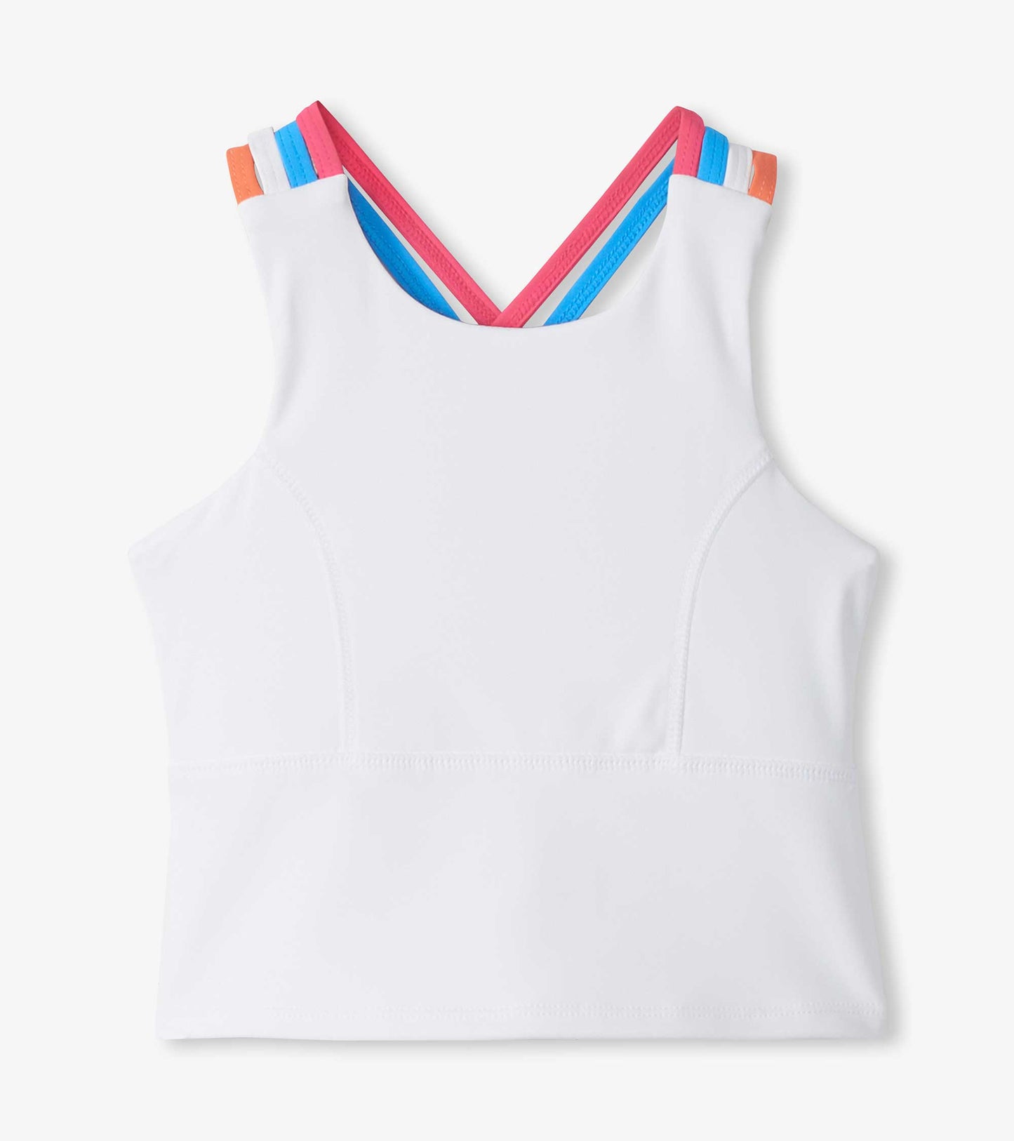 White girls active tank with pink, blue, orange and white crisscross back straps