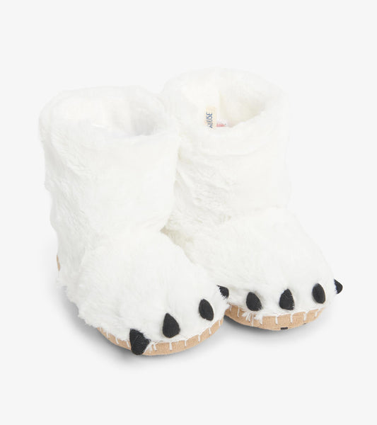 White fuzzy slippers shaped like polar bear paws with black claws, perfect for keeping little feet warm.