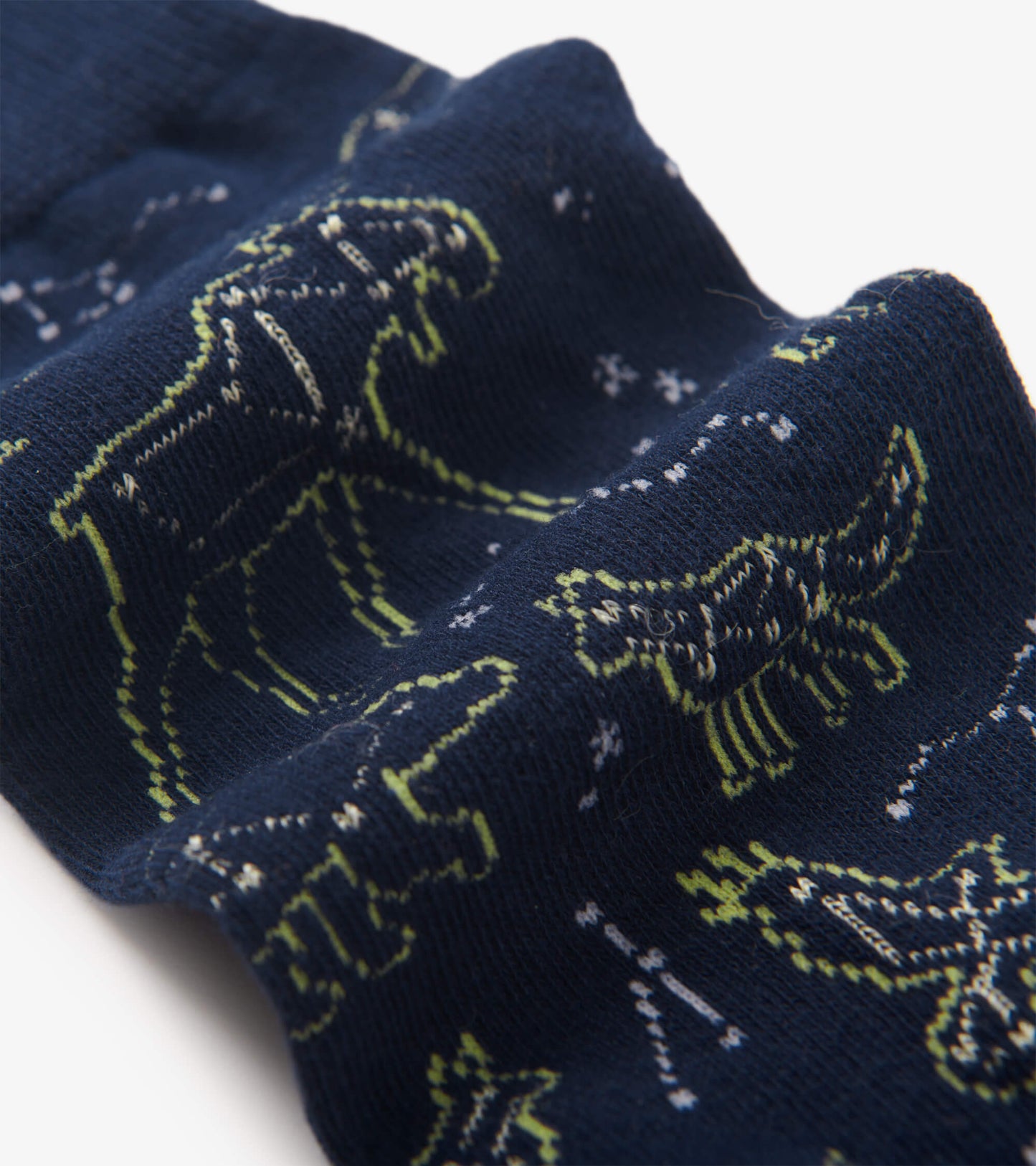 Navy crew socks featuring animal constellations in green and white, made from soft, stretchy material.