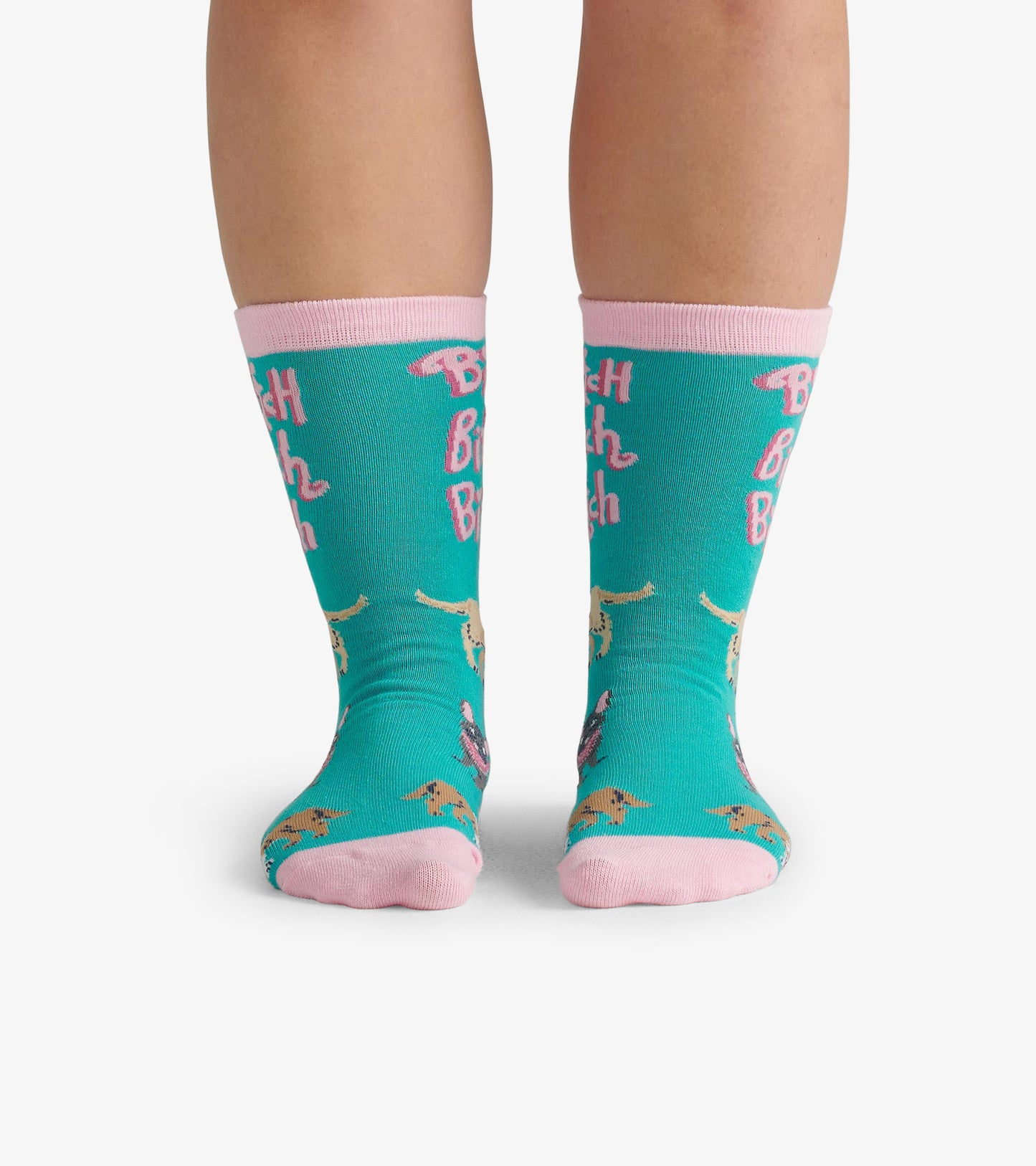 Turquoise crew socks with pink trim, featuring playful dog illustrations and the phrase "Bitch Bitch Bitch" in bold letterin…