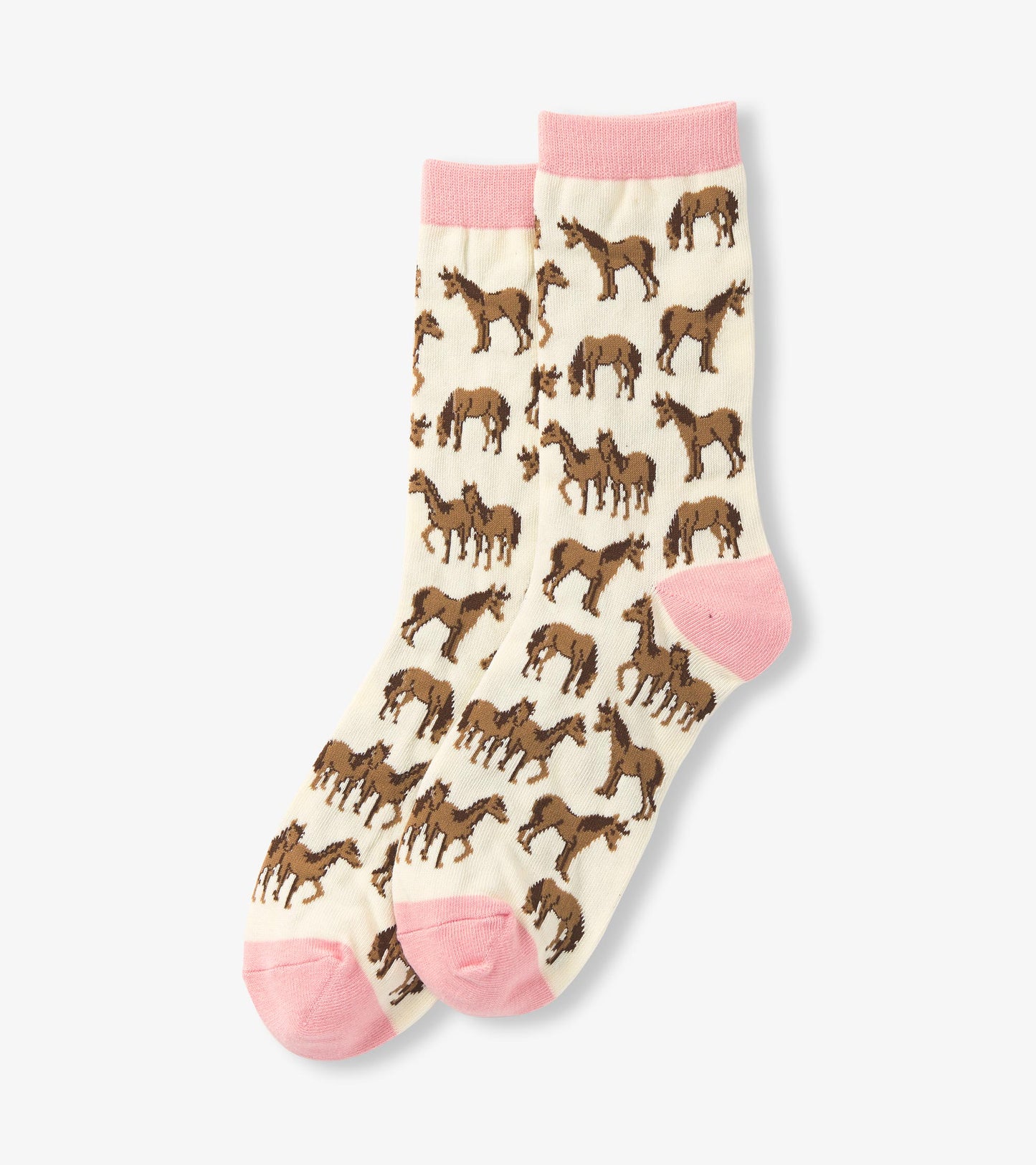 Cream socks with a brown horse pattern and pink cuffs, designed for casual wear.