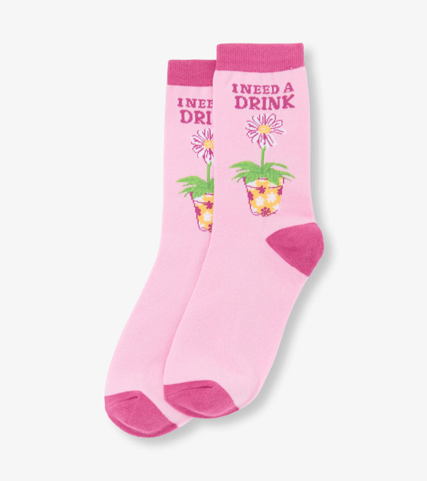 Pink crew socks featuring a flower pot design and the text "I NEED A DRINK" in vibrant colors.