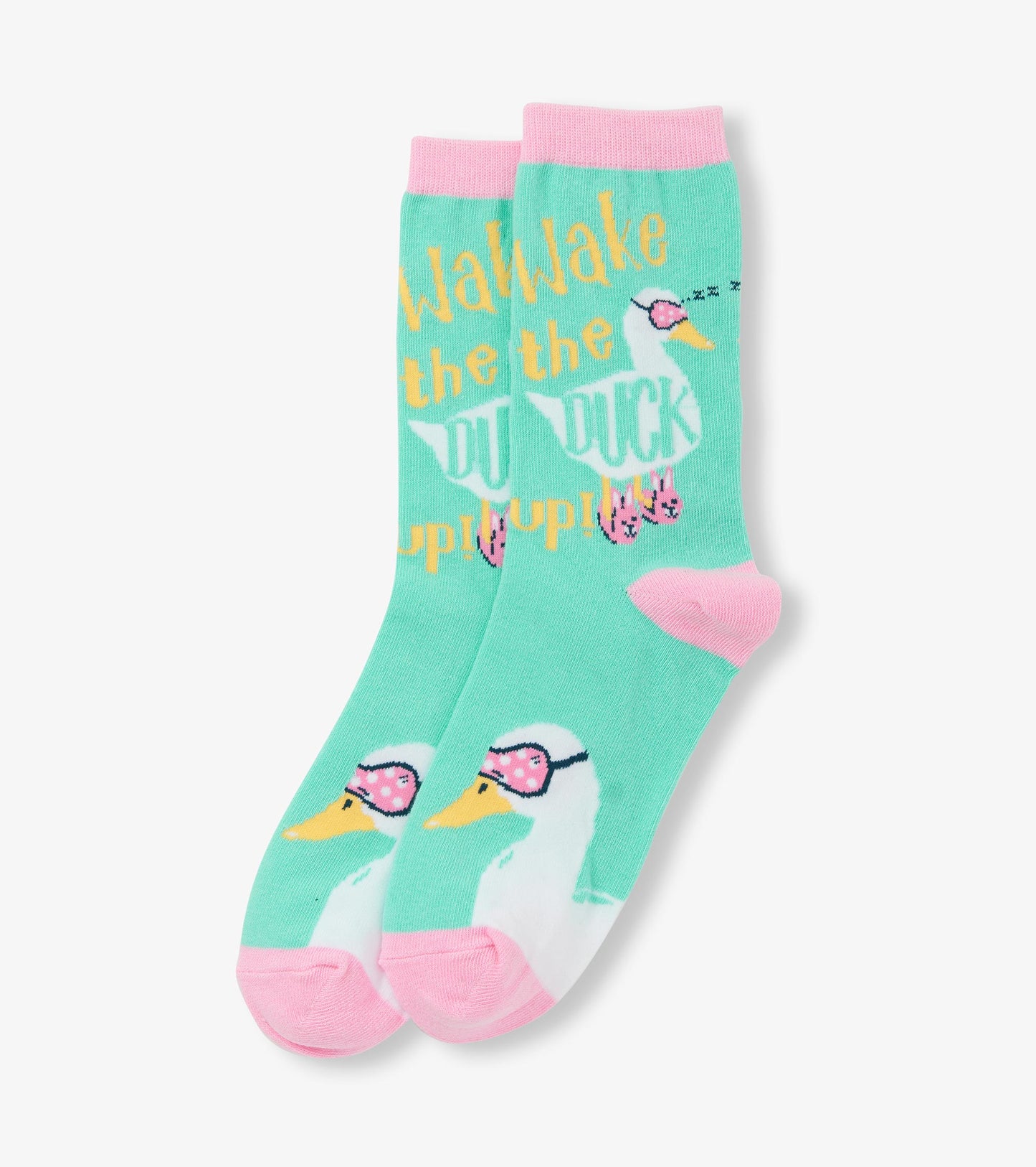 Mint green crew socks featuring a duck graphic, pink accents, and playful text design. One size fits most.