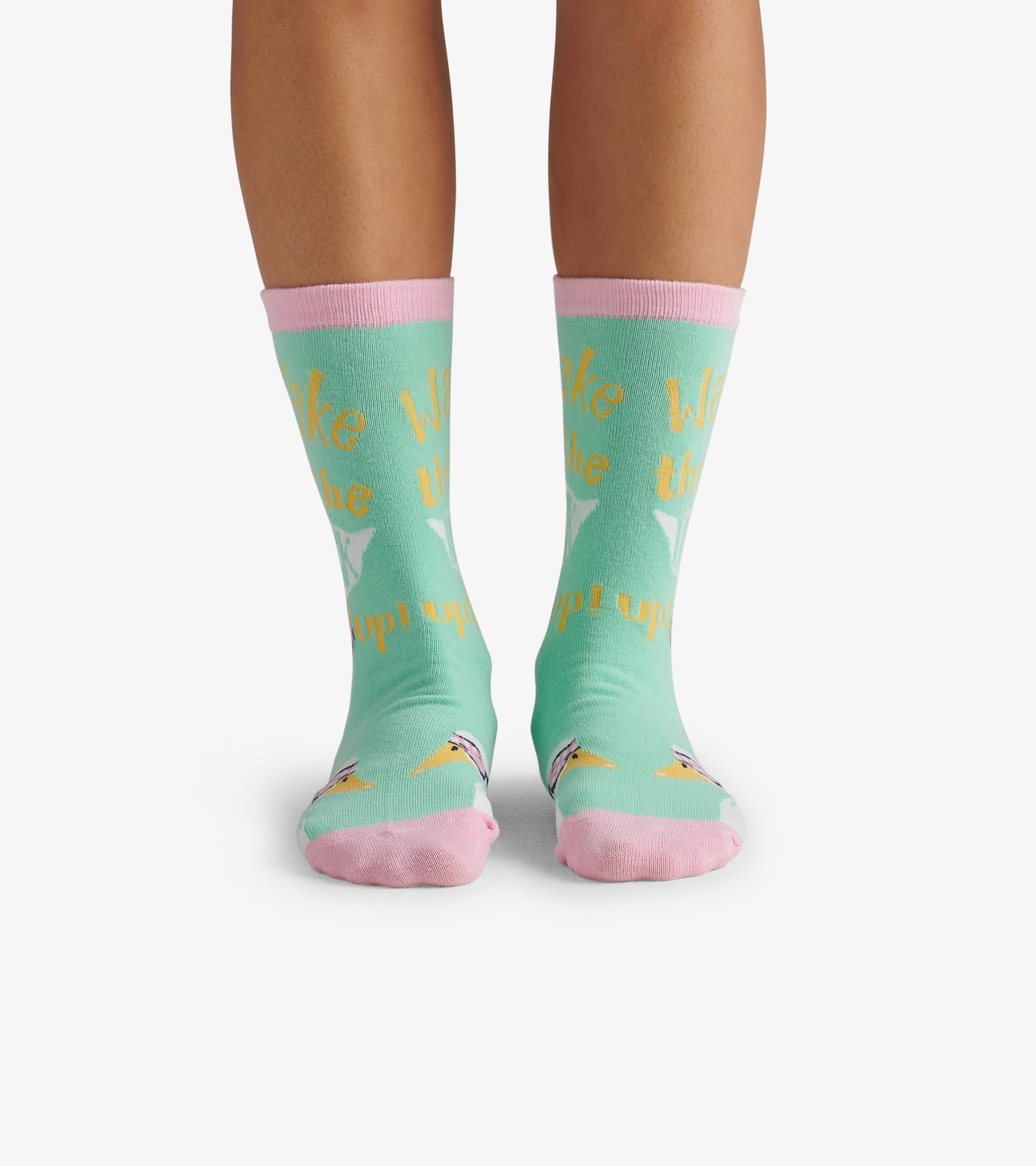 Mint green crew socks with pink cuffs, featuring a duck design and the phrase "Wake the Duck Up.