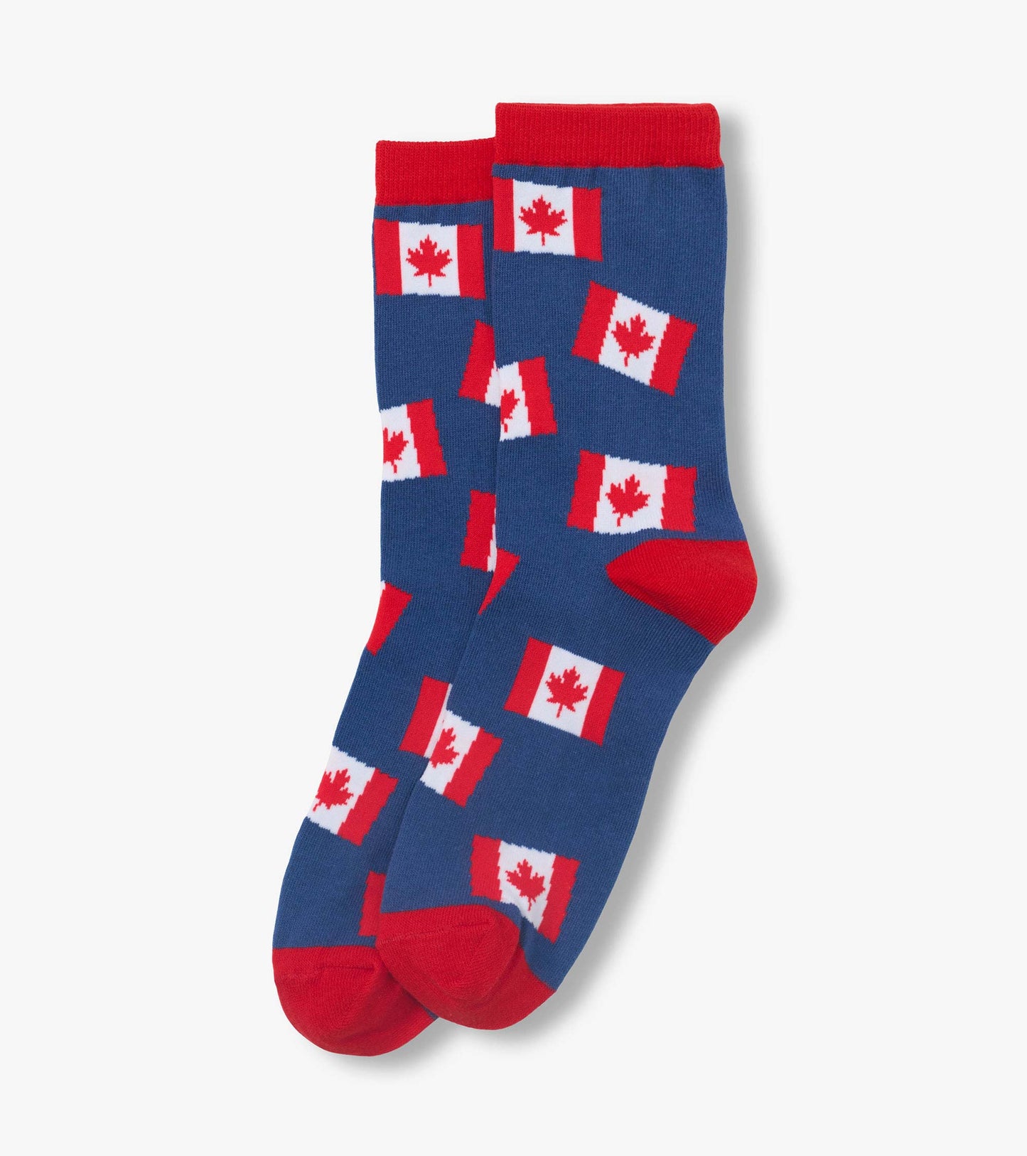Blue crew socks with red cuffs, heels and toes, patterned with Canadian flags.