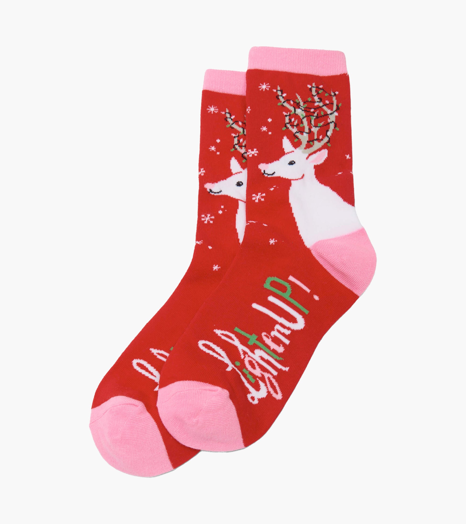 Red crew socks featuring white deer with antlers, pink cuffs, and "Lighten Up!" text, suitable for casual wear.