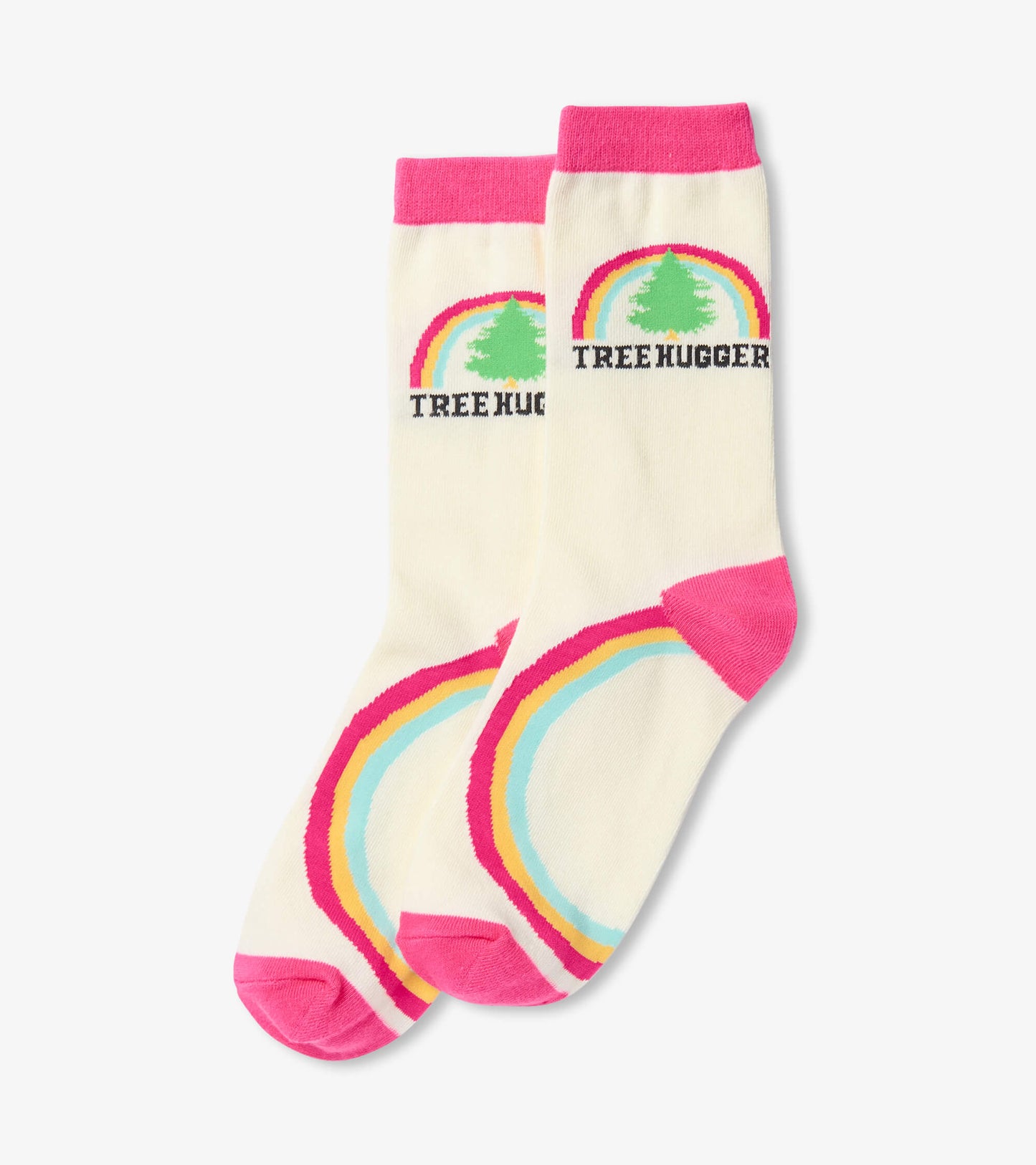 Cream-colored crew socks with pink accents, featuring a tree graphic and rainbow design. One size fits most.