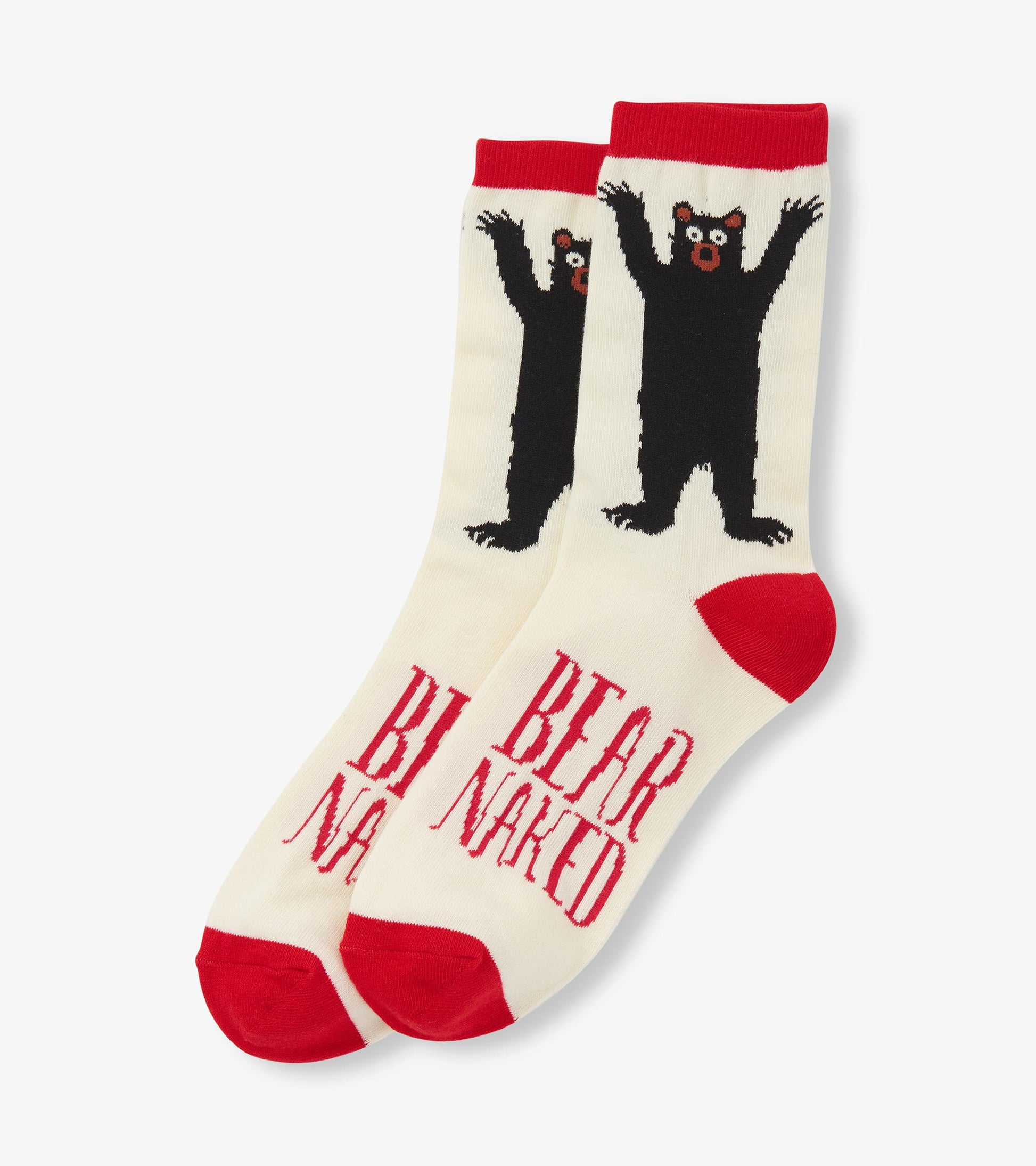 Cream crew socks featuring a black bear design and red accents, ideal for casual wear.