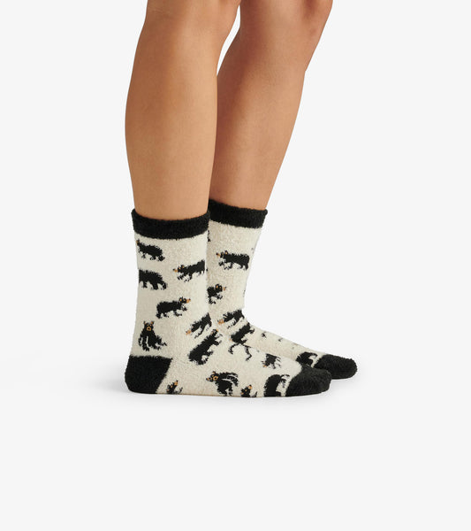 Cream crew socks featuring black bear patterns and black trim, ideal for casual wear.