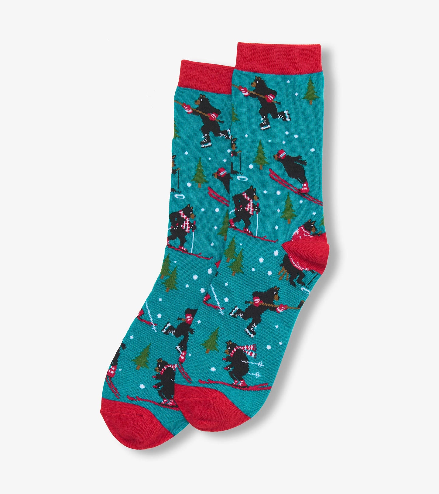 Teal crew socks featuring playful skiing bears, red accents, and winter-themed patterns. One size fits all.