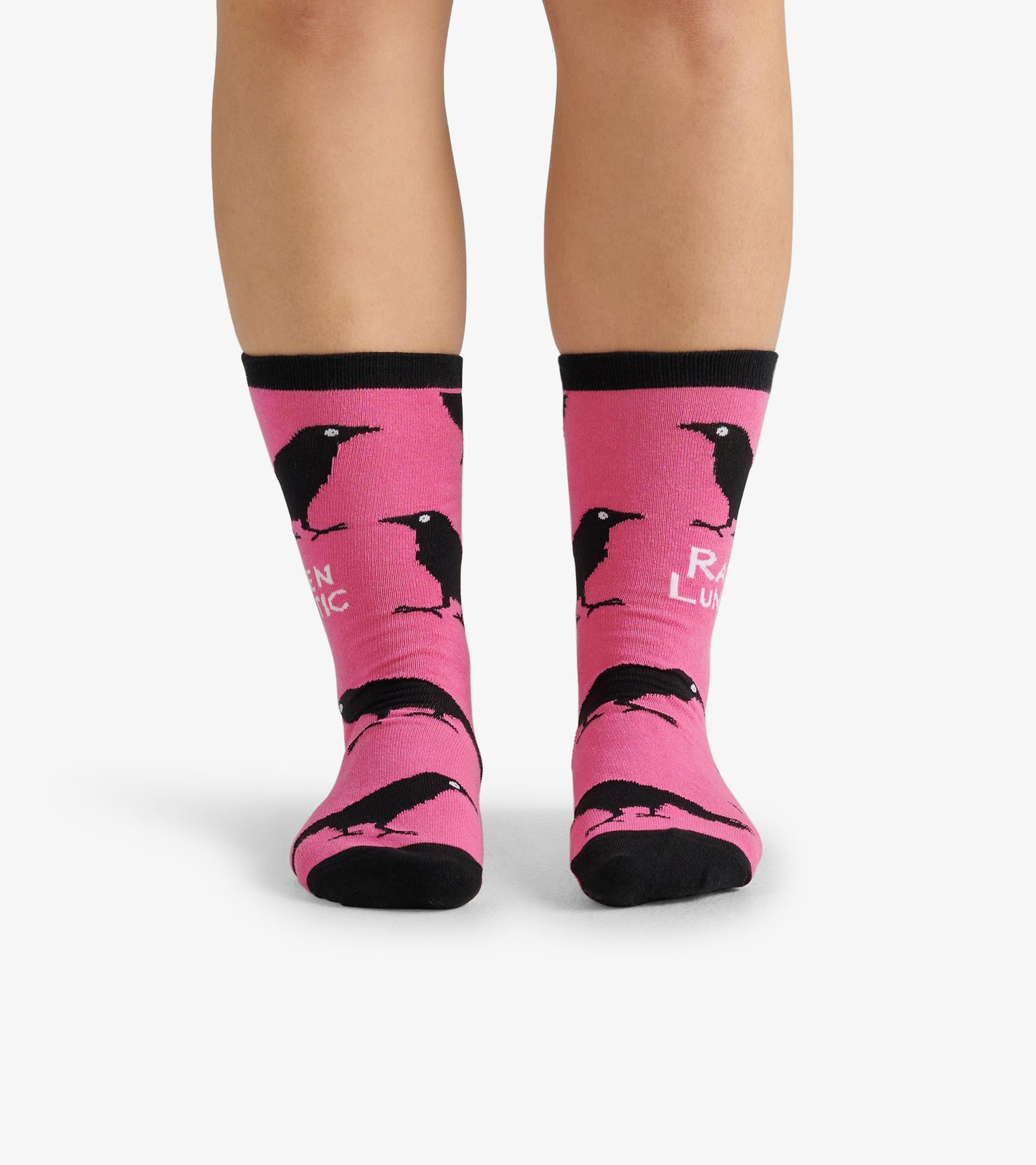 Pink crew socks featuring black raven silhouettes and text, designed for casual wear. One size fits most.