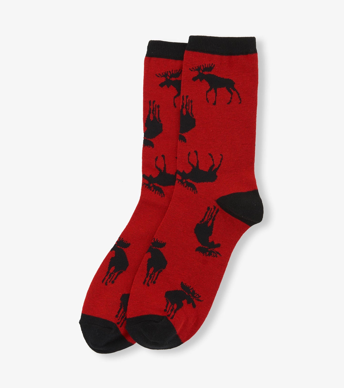 Red crew socks featuring a black moose pattern and black accents at the cuff and toe. One size fits most.