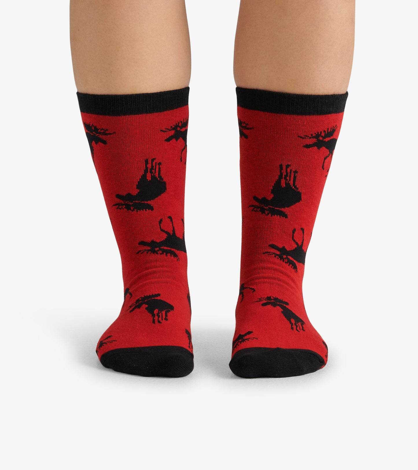 Red crew socks featuring black moose silhouettes, with a contrasting black cuff. Suitable for casual wear.