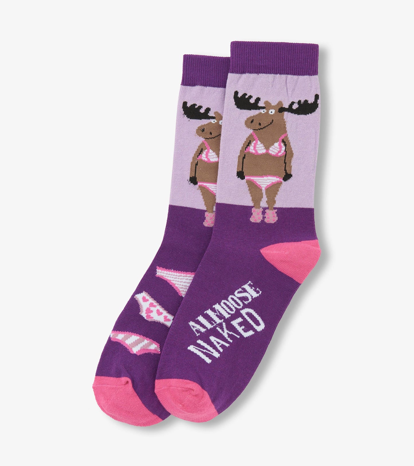 Purple crew socks featuring a moose in a bikini design with pink accents and playful graphics. One size fits all.