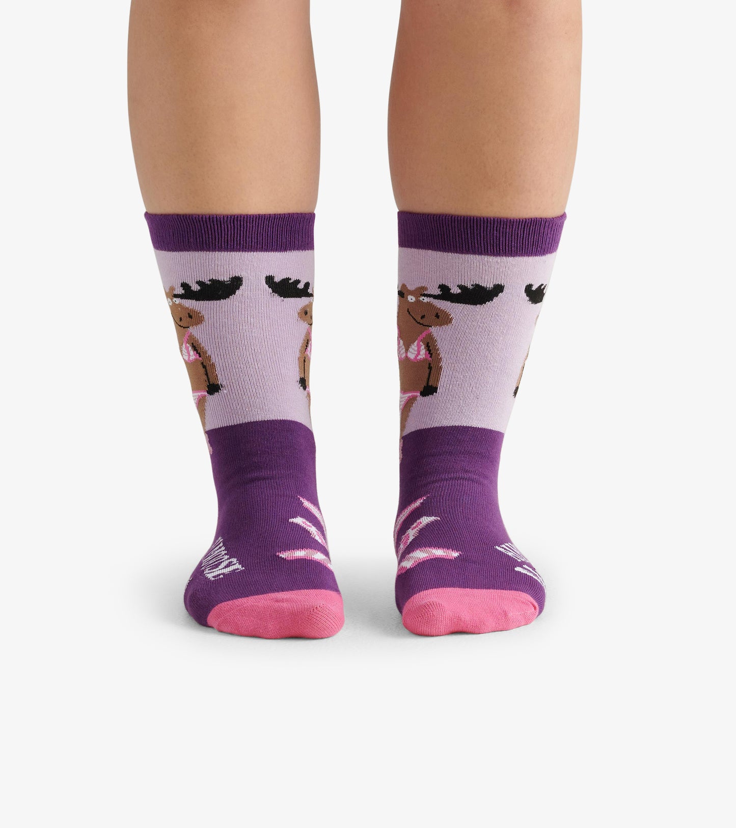 Purple crew socks featuring a playful moose design, with pink accents at the toe and cuff.