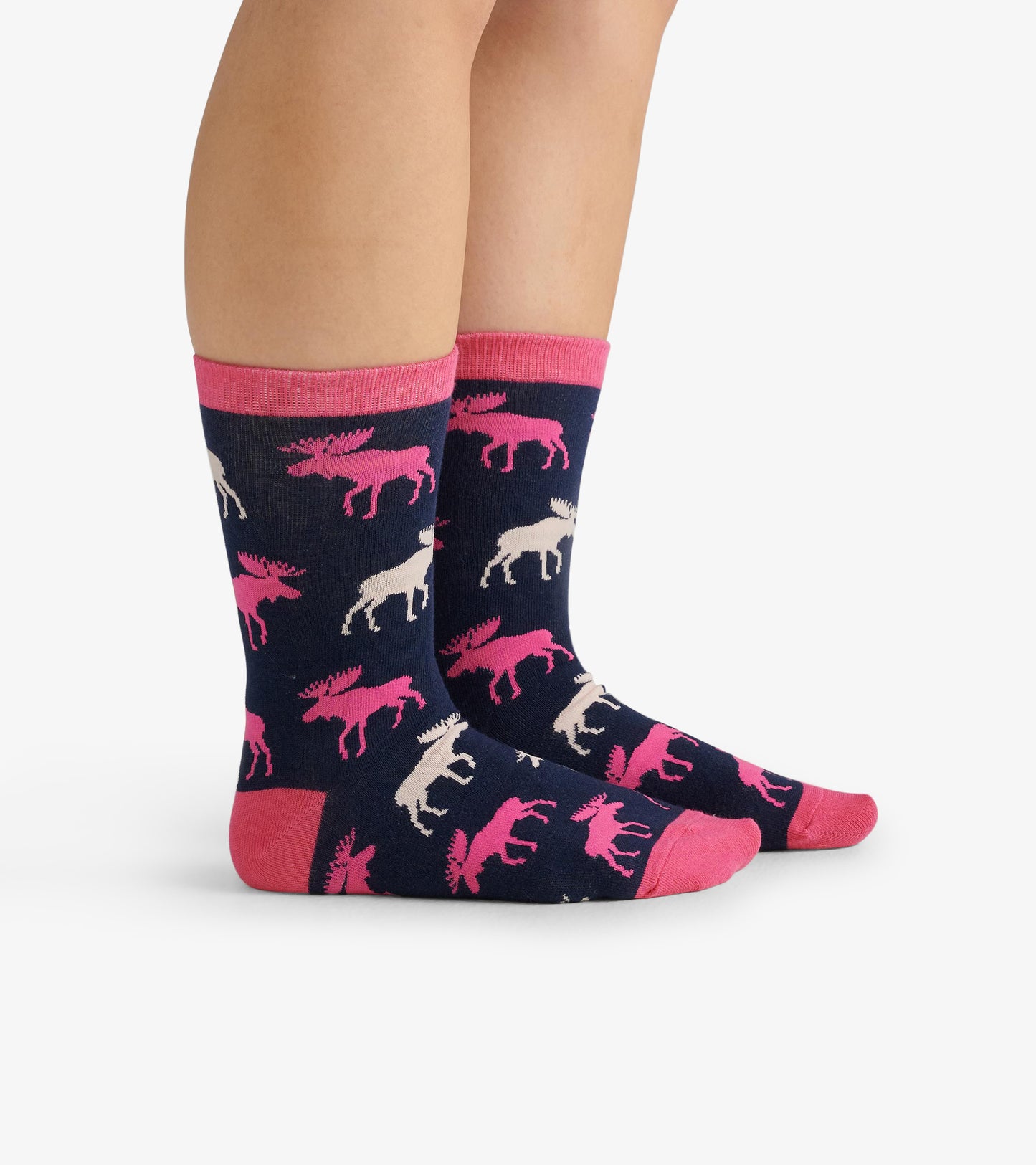 Navy crew socks featuring pink and white moose patterns, with a pink cuff and toe. One size fits most.