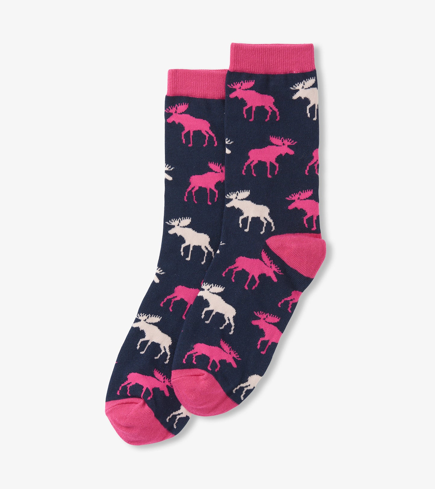 Navy crew socks featuring pink and white moose patterns, with contrasting pink cuffs and toe. One size fits most.