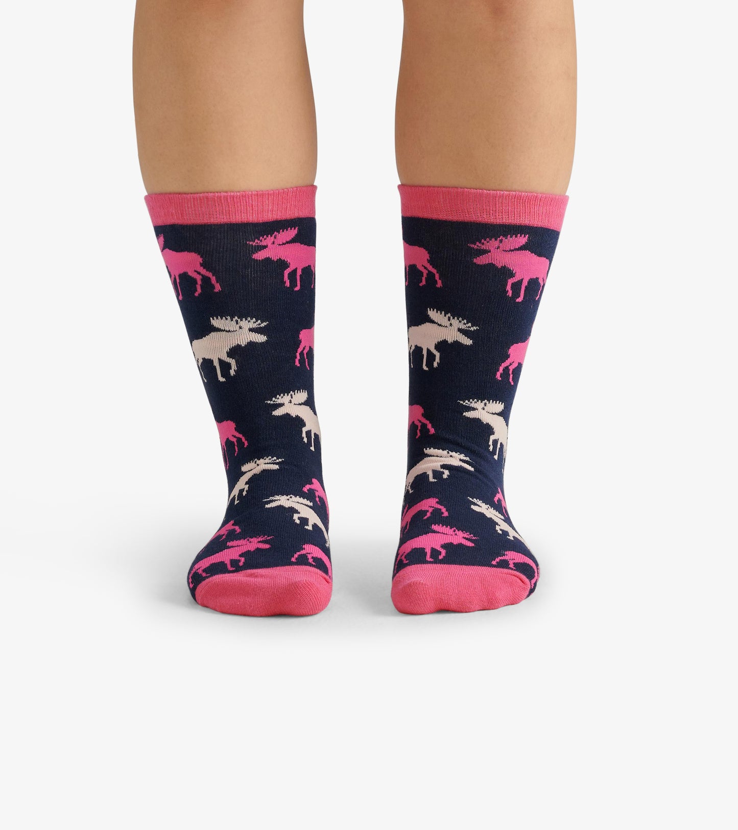 Navy crew socks featuring pink and cream moose patterns with a pink cuff, suitable for casual wear.