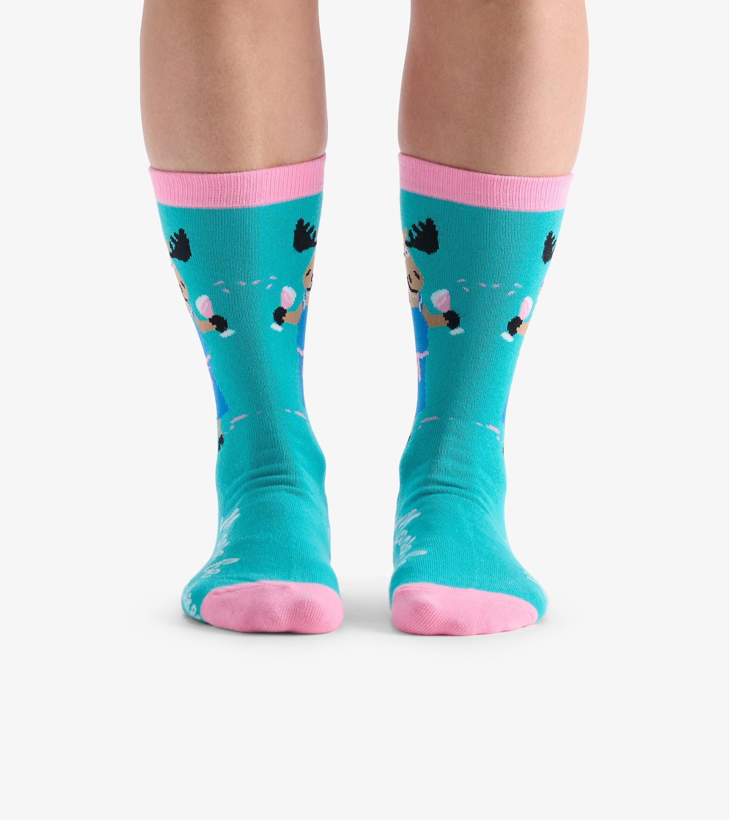 Turquoise crew socks with pink cuffs featuring playful moose designs, ideal for casual wear.