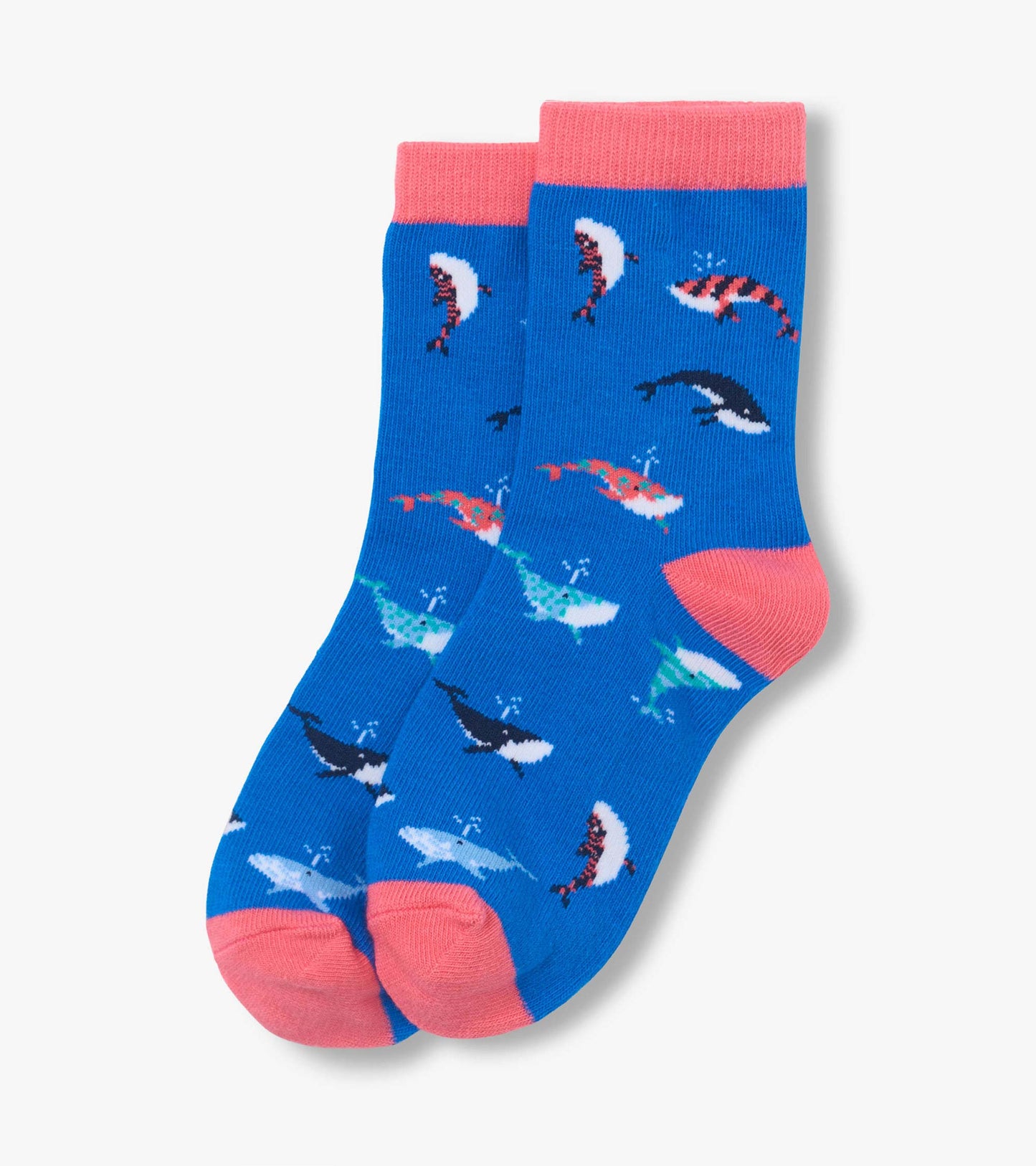 Blue crew socks with pink cuffs, heels, and toes, featuring colorful whale pattern.