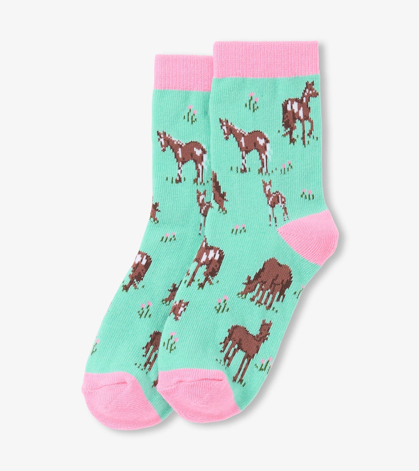 Mint green crew socks featuring a playful horse pattern and pink cuffs, suitable for ages 2-7.