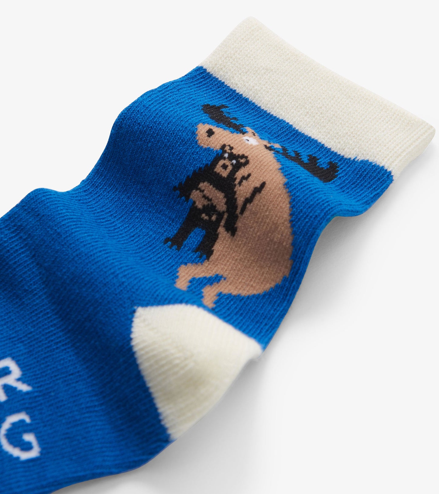 Blue crew socks featuring a moose design, with a cream-colored cuff and soft knit material. Suitable for kids ages 2-7.